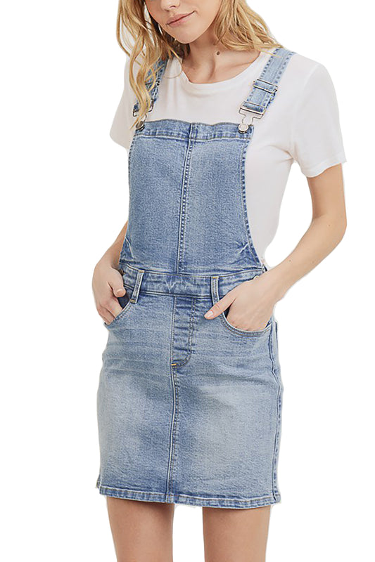 Womens Cute Denim Jean Overall Short Dress Skirt - Classic Washed Overall Skirts CTB583LSK