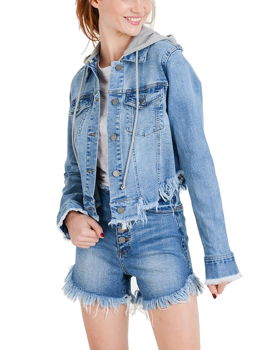 Women's Casual Frayed Hem Cropped Long Sleeve Classic Washed Denim Jean Jacket with Hoodie