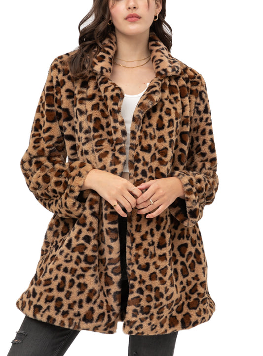 Women’s Faux Fur Open Front Jacket – Leopard Print Notch Collar Faux Fur Teddy Coat Lt8806jc