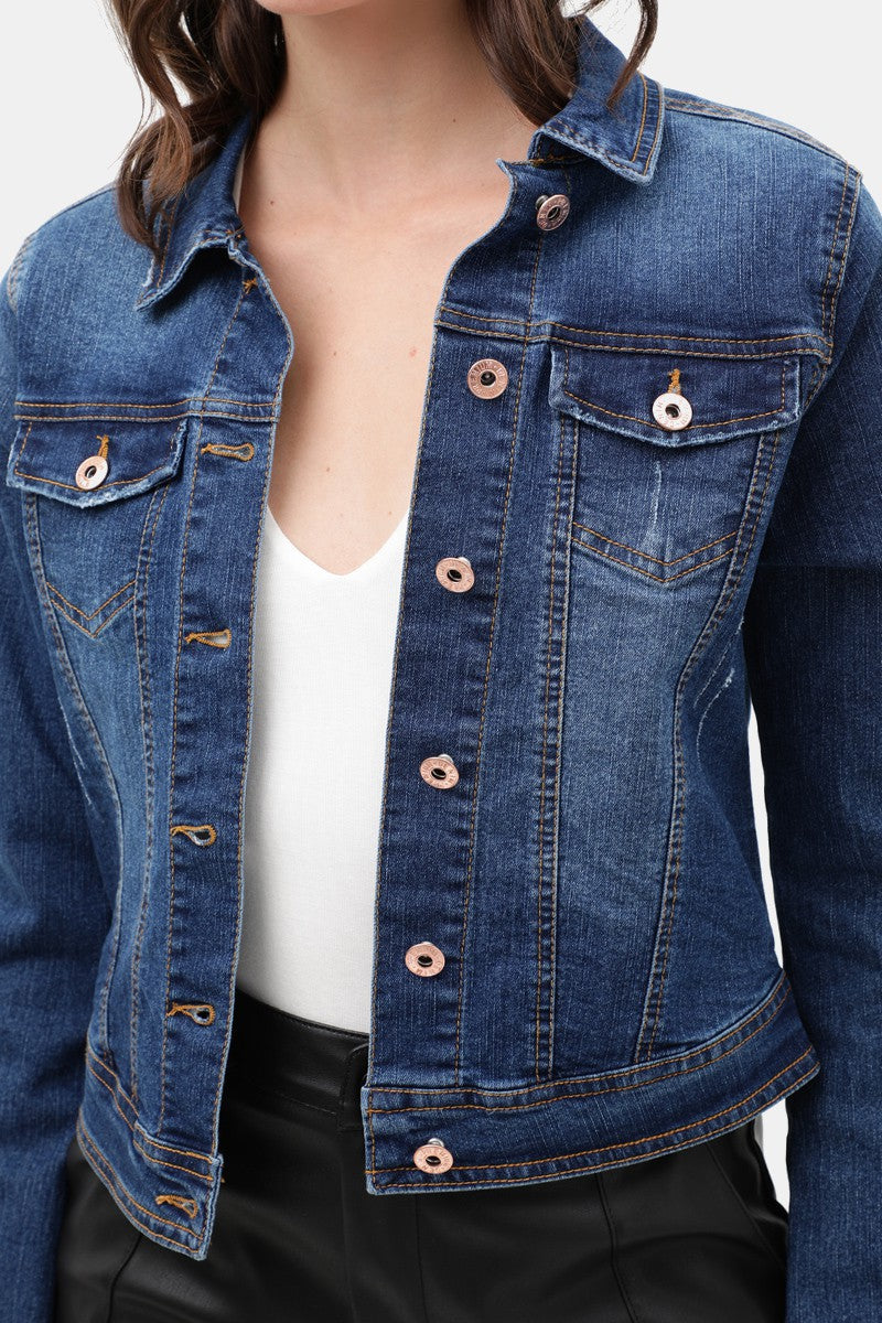 Women's Casual Vintage Distressed Cropped Long Sleeve Denim Jean Jacket