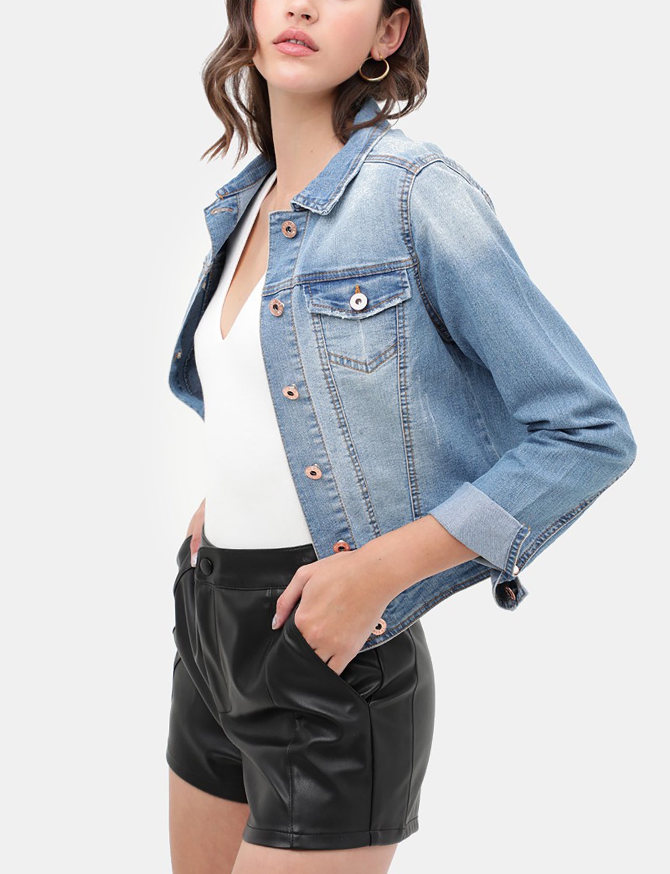 Women's Casual Vintage Distressed Cropped Long Sleeve Denim Jean Jacket