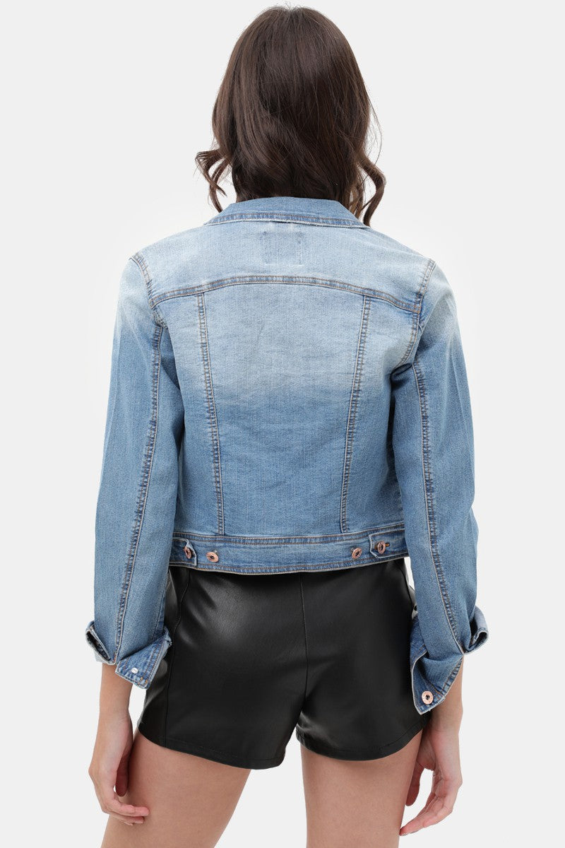 Women's Casual Vintage Distressed Cropped Long Sleeve Denim Jean Jacket