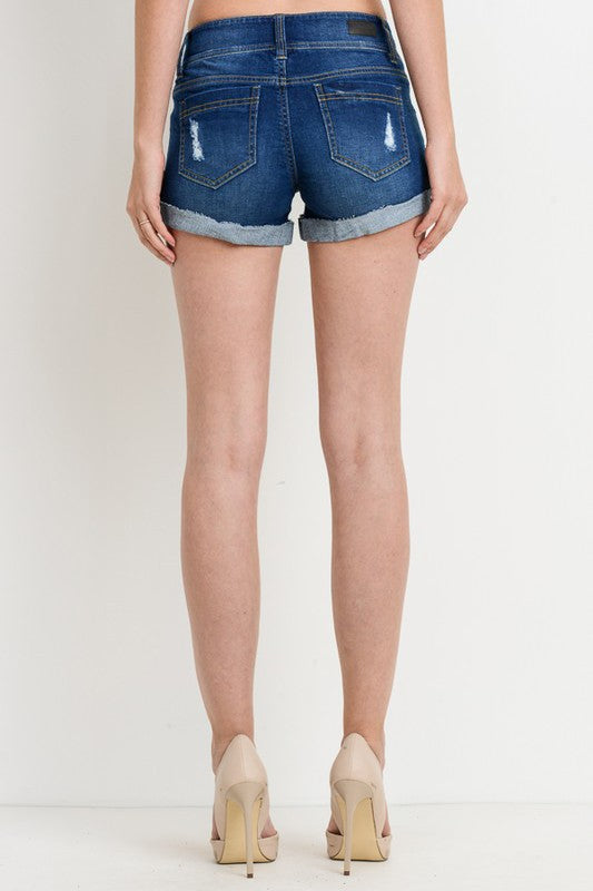 Women’s Mid Rise Ripped Denim Shorts – Stretchy Distressed Jean Shorts with Double Button & Cuffed Hem CBT227
