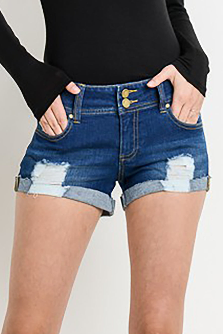 Women’s Mid Rise Ripped Denim Shorts – Stretchy Distressed Jean Shorts with Double Button & Cuffed Hem CBT227