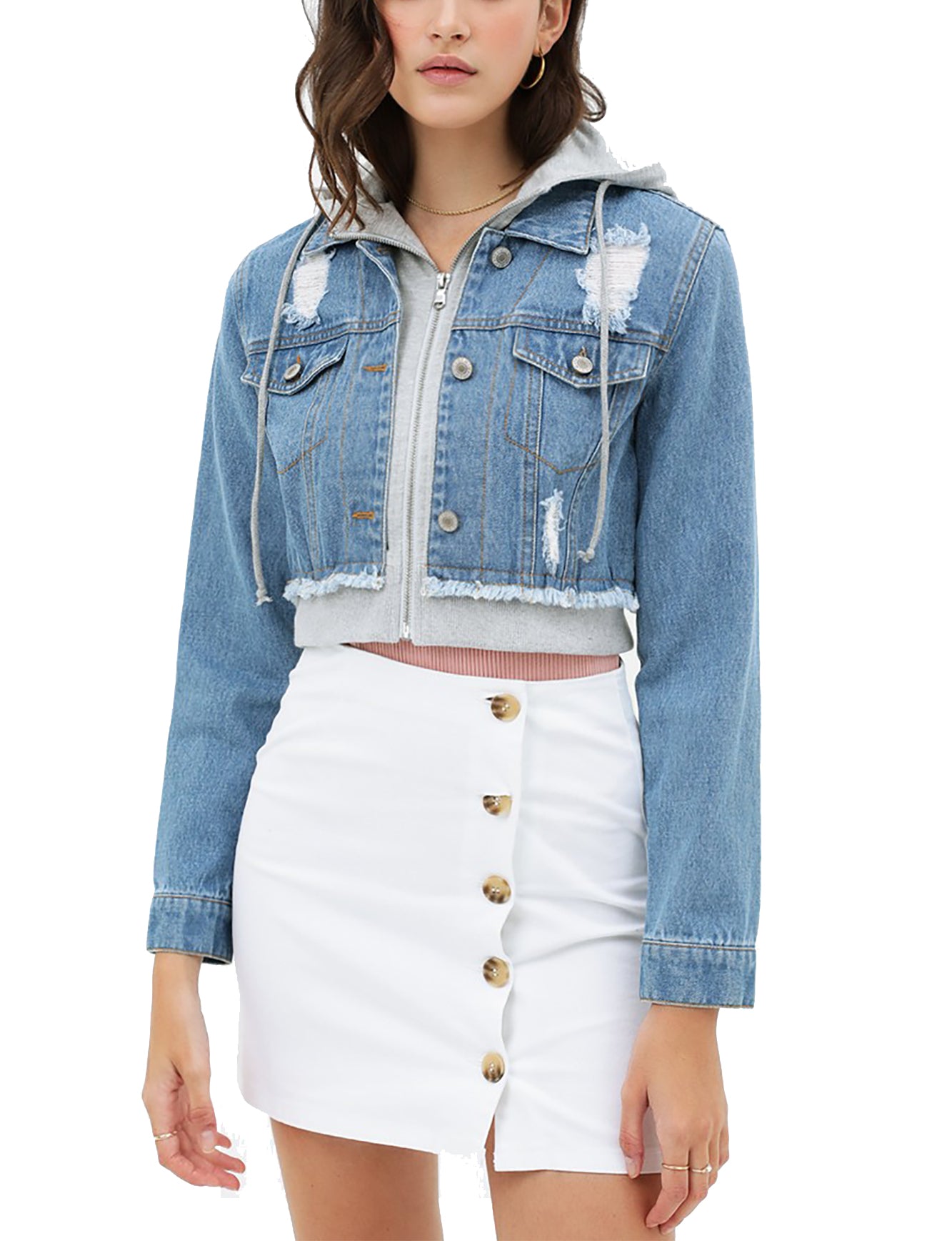 Women's Cropped Layered Hoodie Denim Jean Jacket.