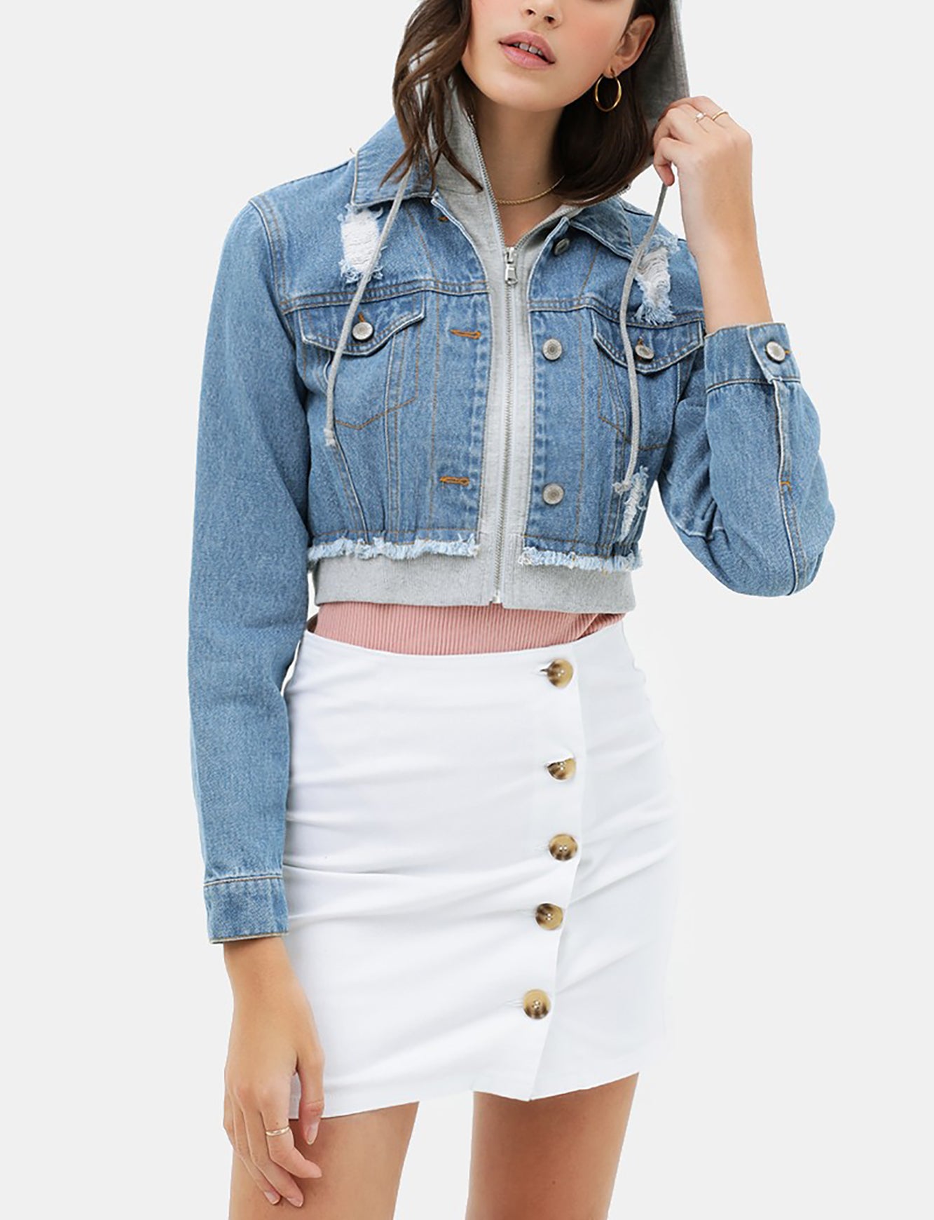 Women's Cropped Layered Hoodie Denim Jean Jacket.