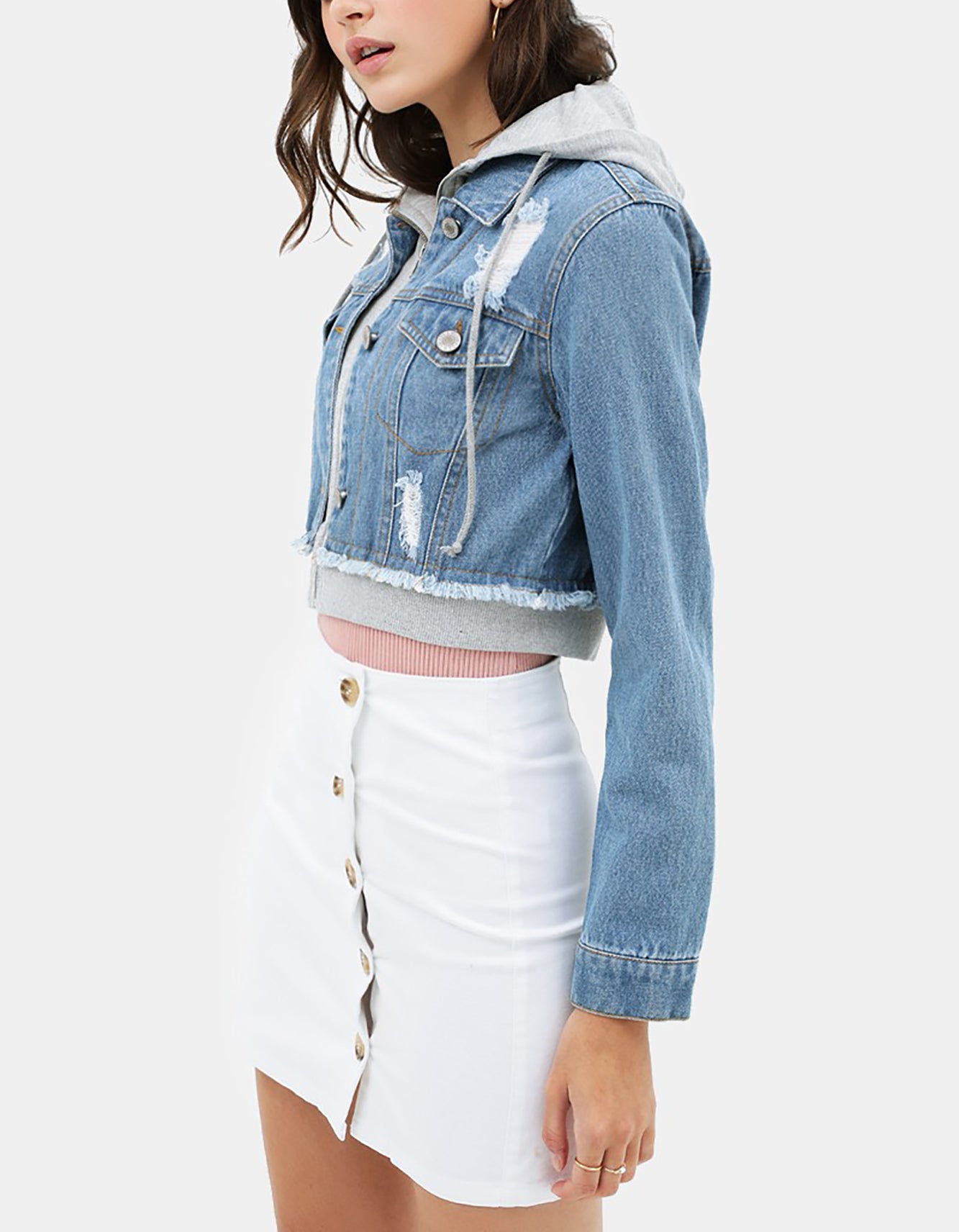 Women's Cropped Layered Hoodie Denim Jean Jacket.