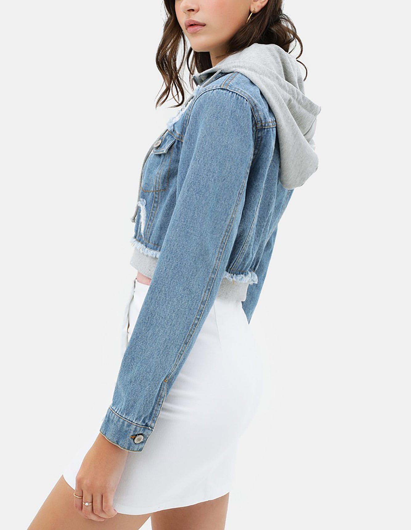 Women's Cropped Layered Hoodie Denim Jean Jacket.