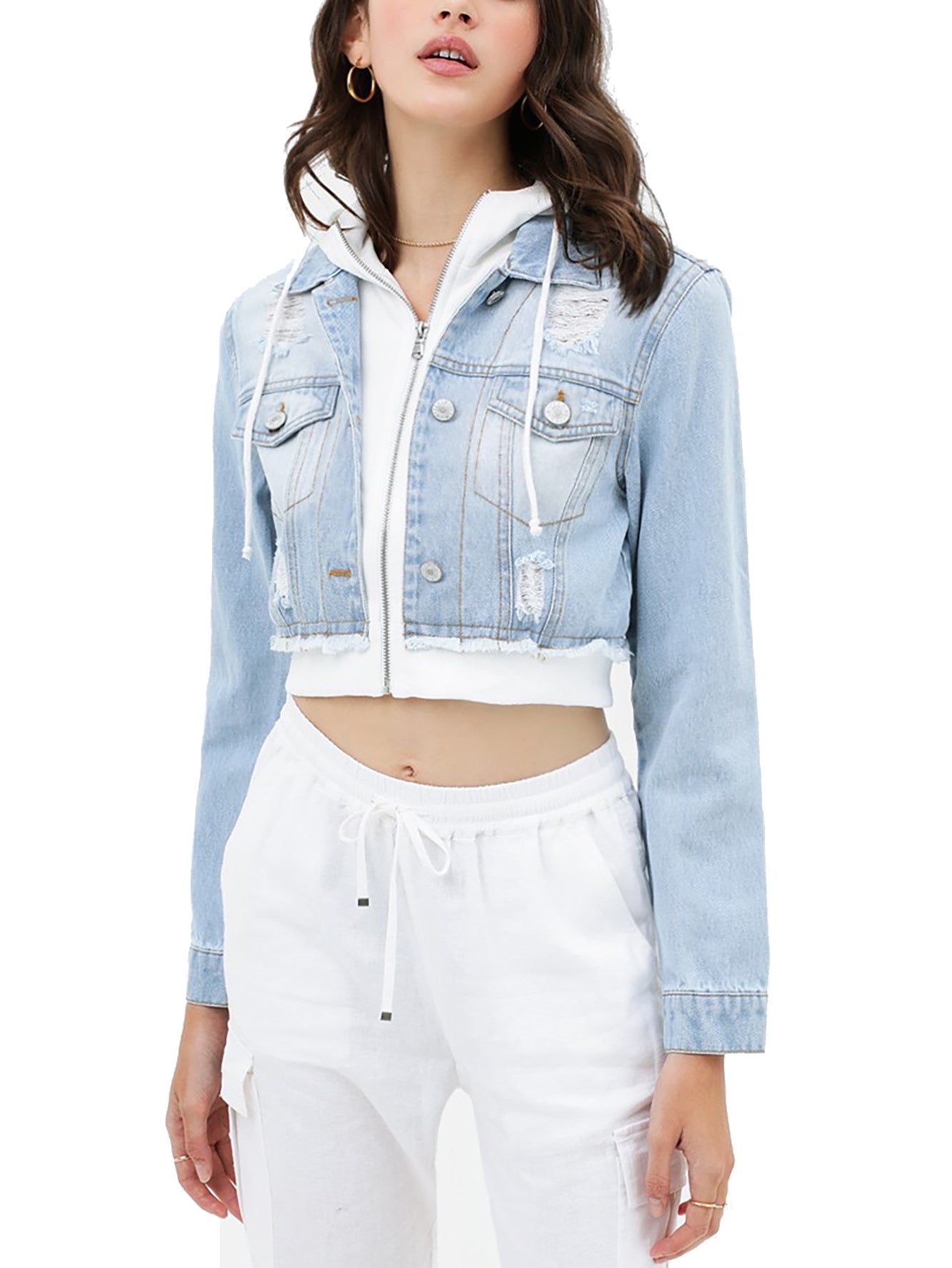 Women's Cropped Layered Hoodie Denim Jean Jacket.