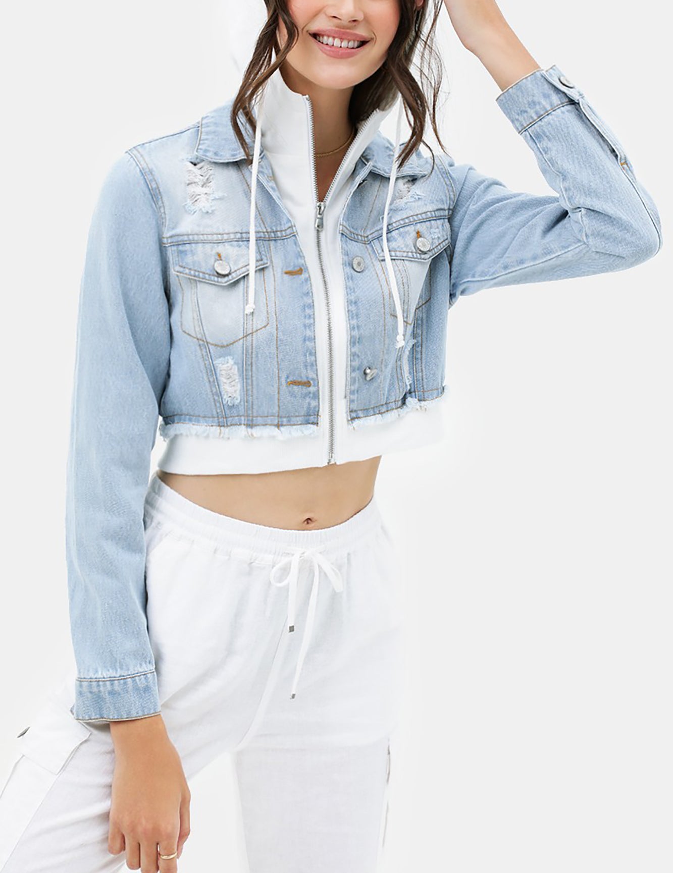 Women's Cropped Layered Hoodie Denim Jean Jacket.