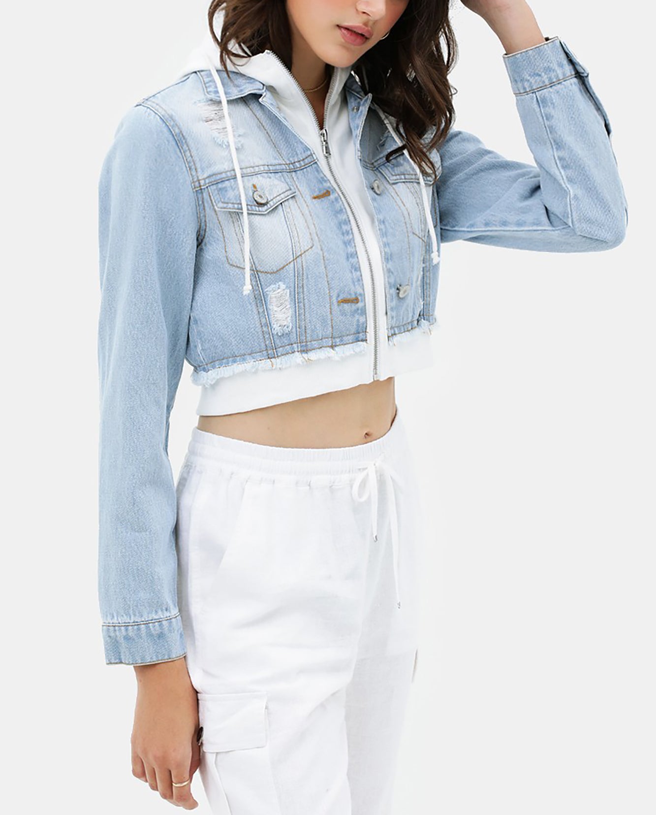 Women's Cropped Layered Hoodie Denim Jean Jacket.