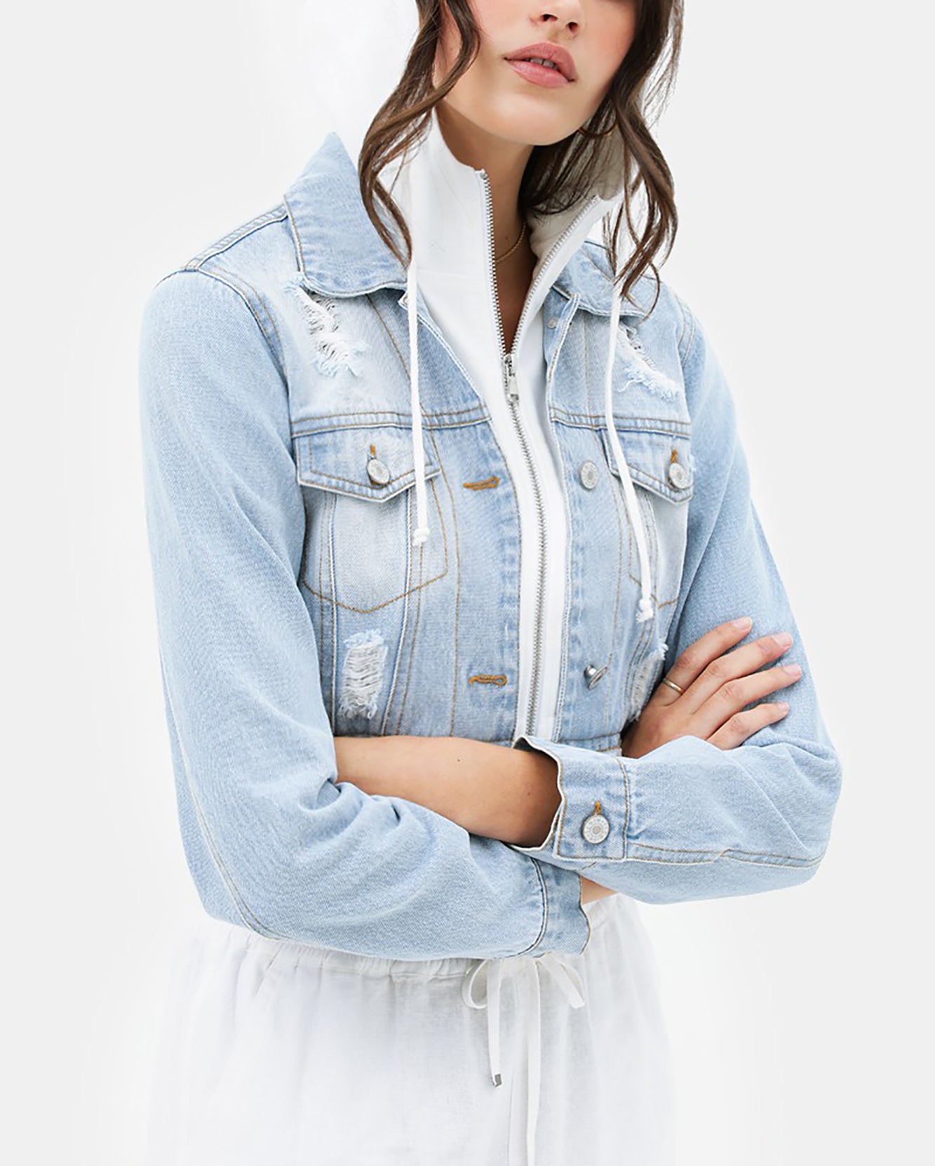 Women's Cropped Layered Hoodie Denim Jean Jacket.