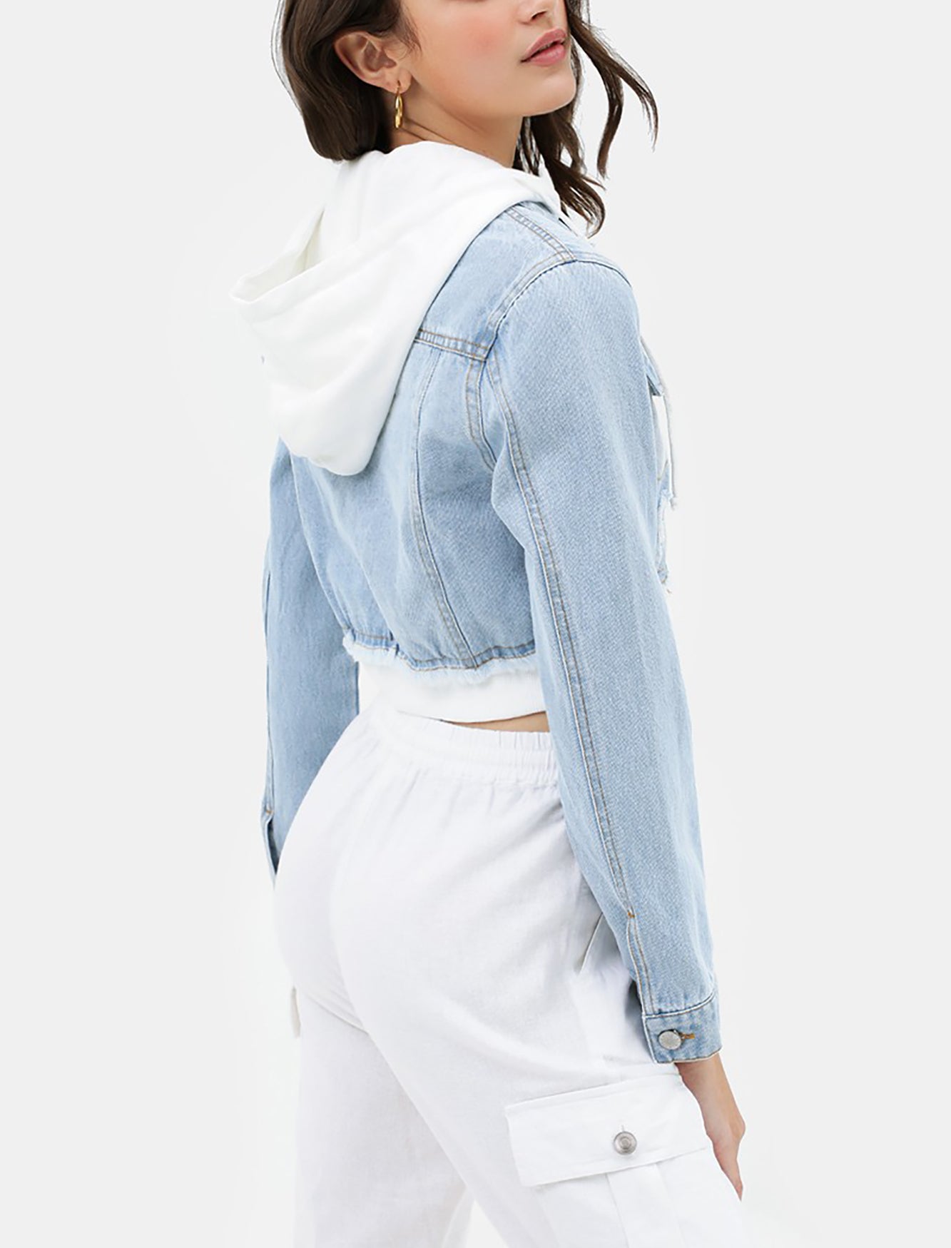 Women's Cropped Layered Hoodie Denim Jean Jacket.