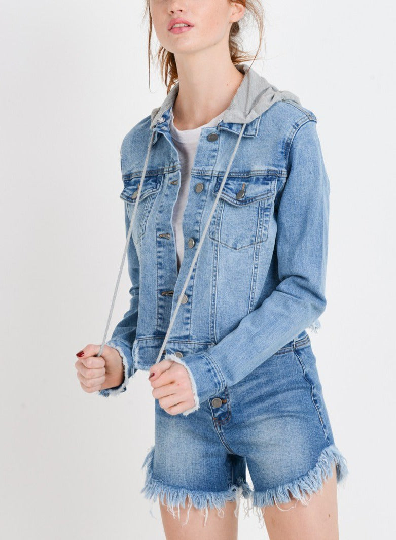 Women's Casual Frayed Hem Cropped Long Sleeve Classic Washed Denim Jean Jacket with Hoodie