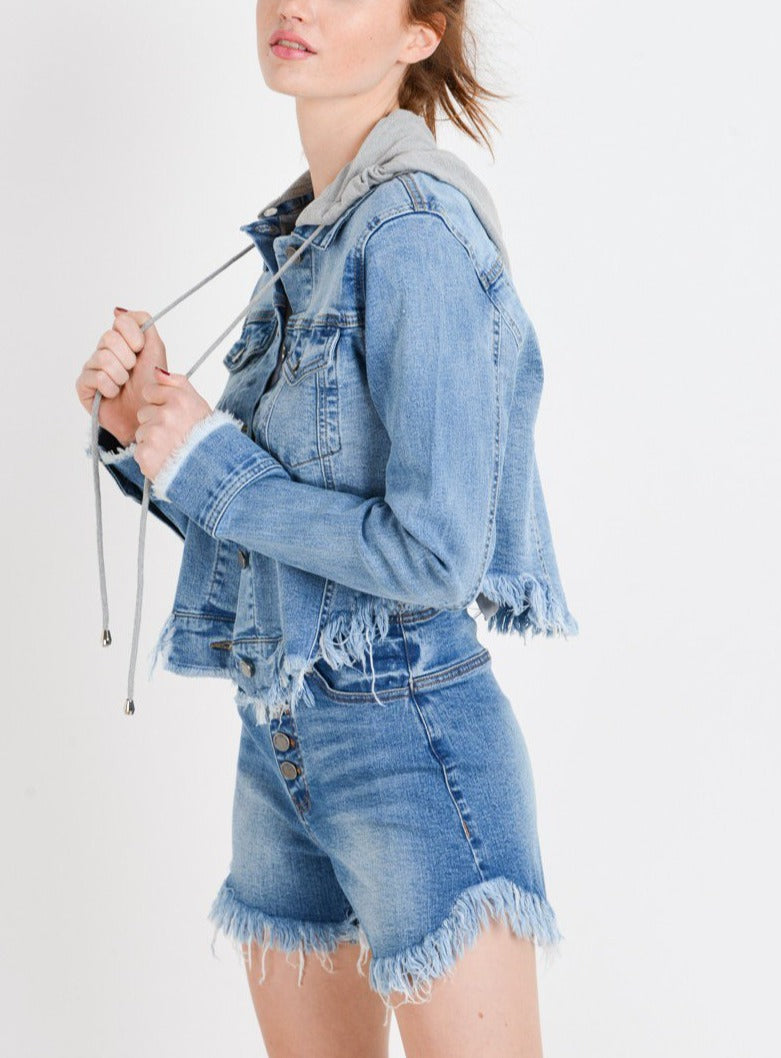 Women's Casual Frayed Hem Cropped Long Sleeve Classic Washed Denim Jean Jacket with Hoodie