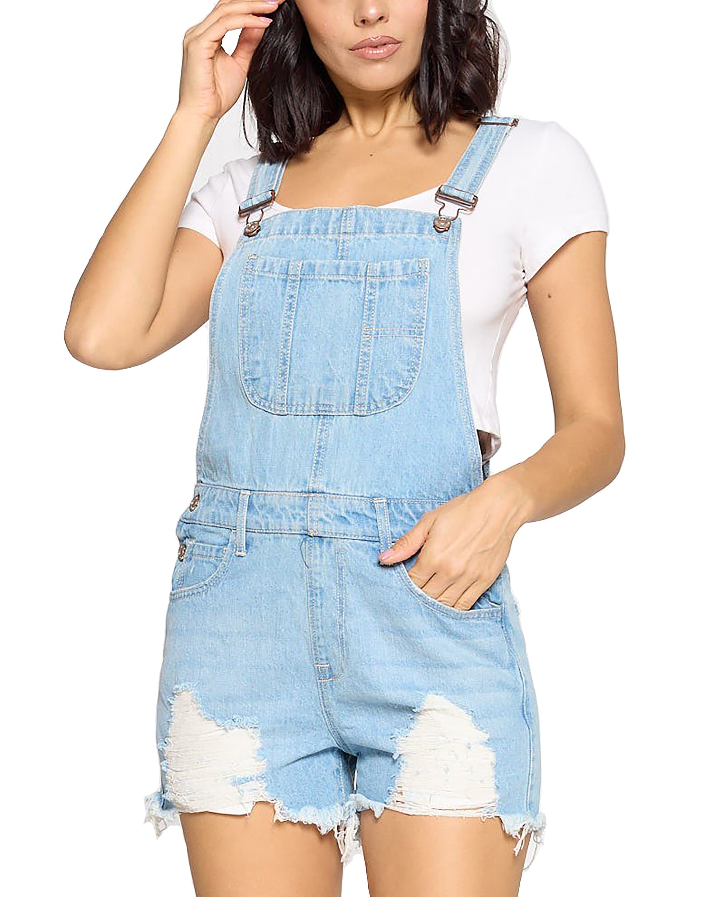 Womens Cute Denim Romper Overall Shorts – Raw Hem Bib Shortalls CTB686