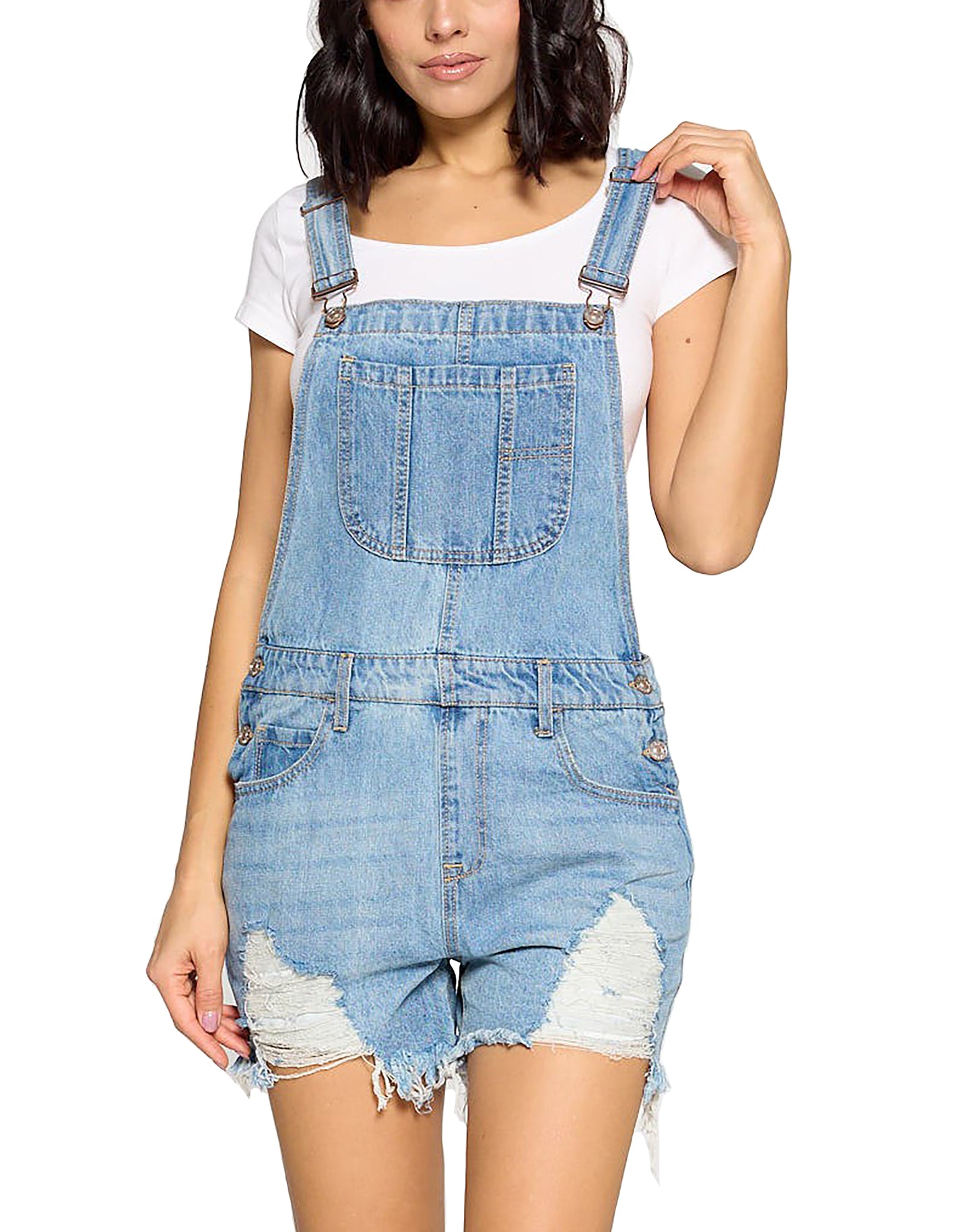 Womens Cute Denim Romper Overall Shorts – Raw Hem Bib Shortalls CTB686