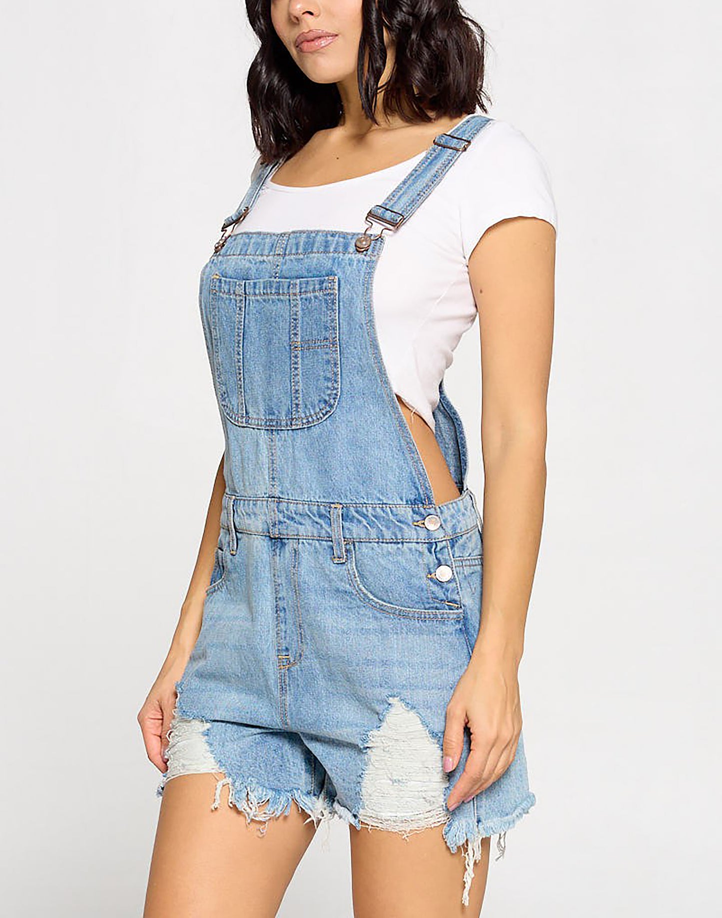 Womens Cute Denim Romper Overall Shorts – Raw Hem Bib Shortalls CTB686