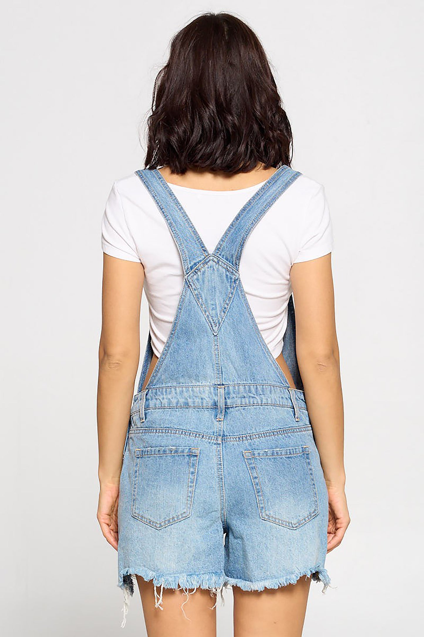 Womens Cute Denim Romper Overall Shorts – Raw Hem Bib Shortalls CTB686