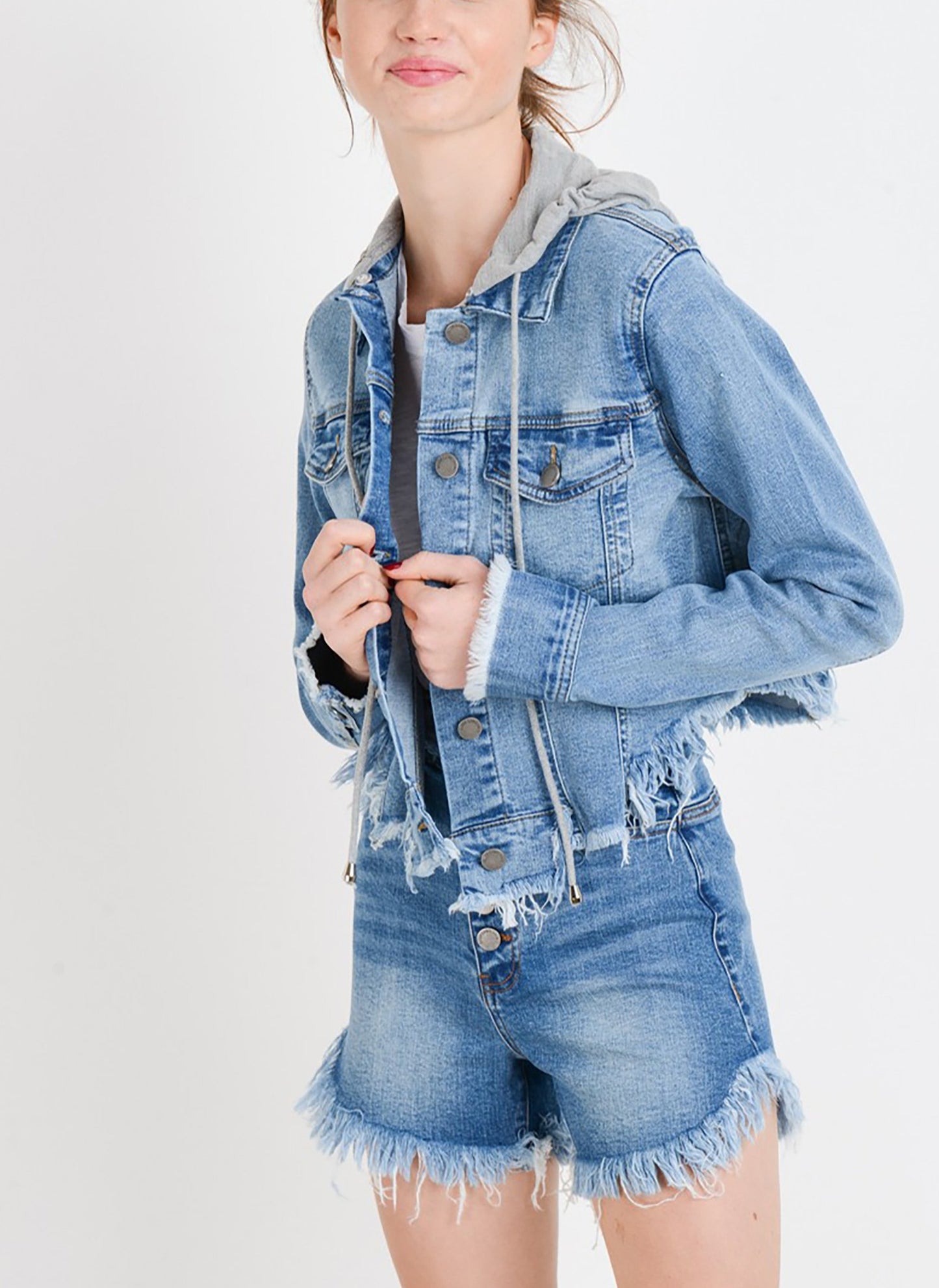 Women's Casual Frayed Hem Cropped Long Sleeve Classic Washed Denim Jean Jacket with Hoodie