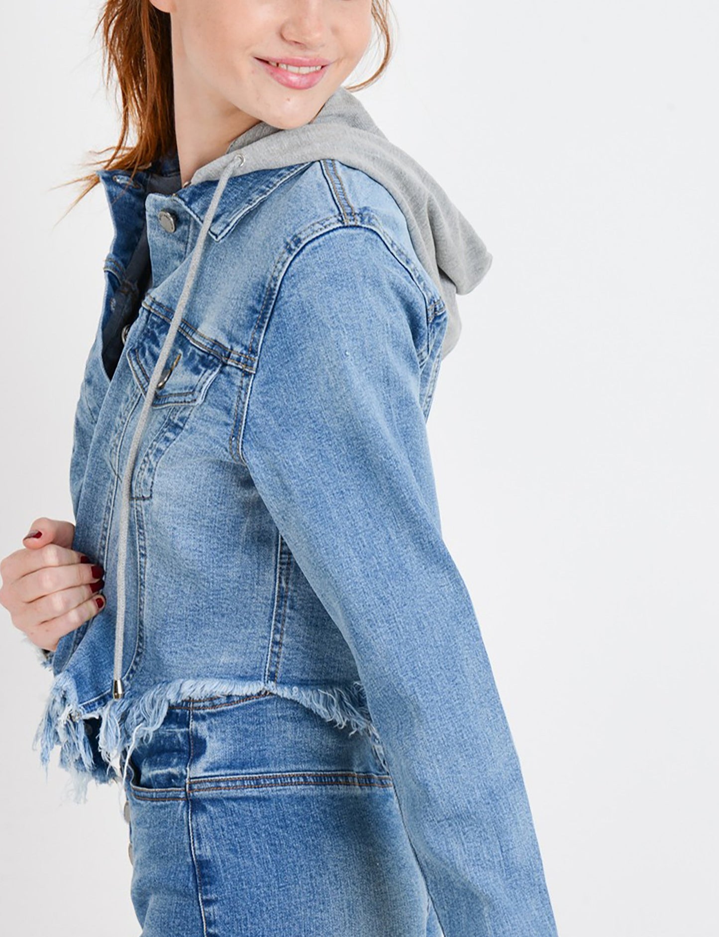 Women's Casual Frayed Hem Cropped Long Sleeve Classic Washed Denim Jean Jacket with Hoodie