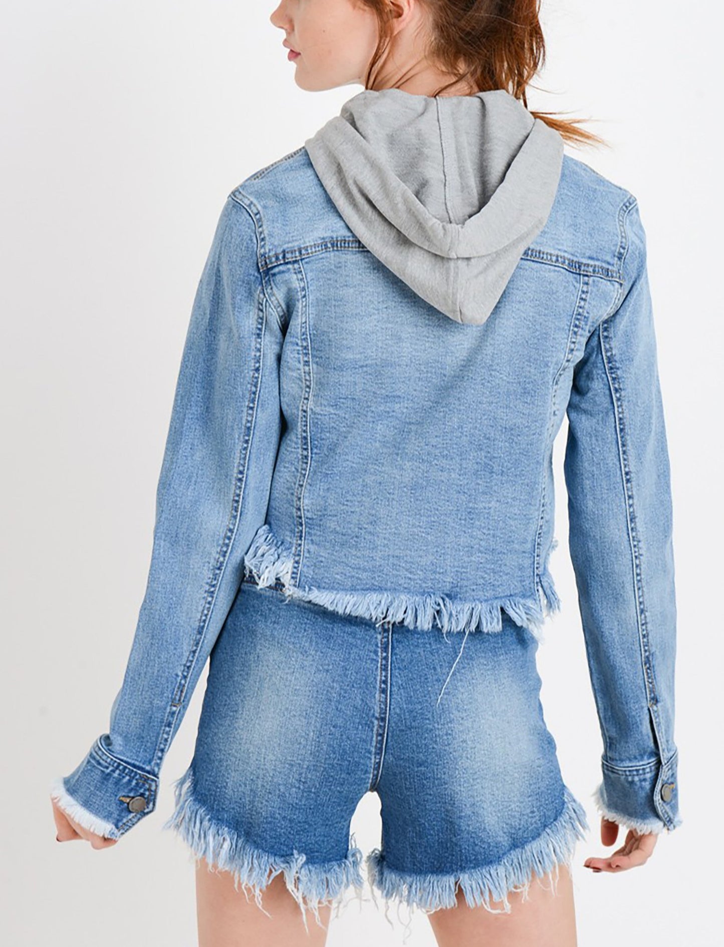 Women's Casual Frayed Hem Cropped Long Sleeve Classic Washed Denim Jean Jacket with Hoodie