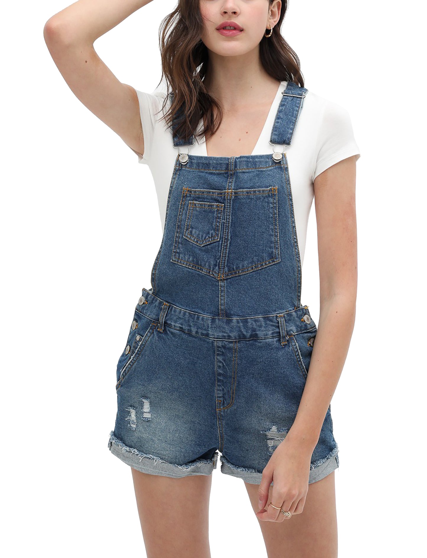 Women’s Summer Cute Denim Romper Overall Shorts – Distressed Frayed Rolled Hem Bib Shortalls 3121RS