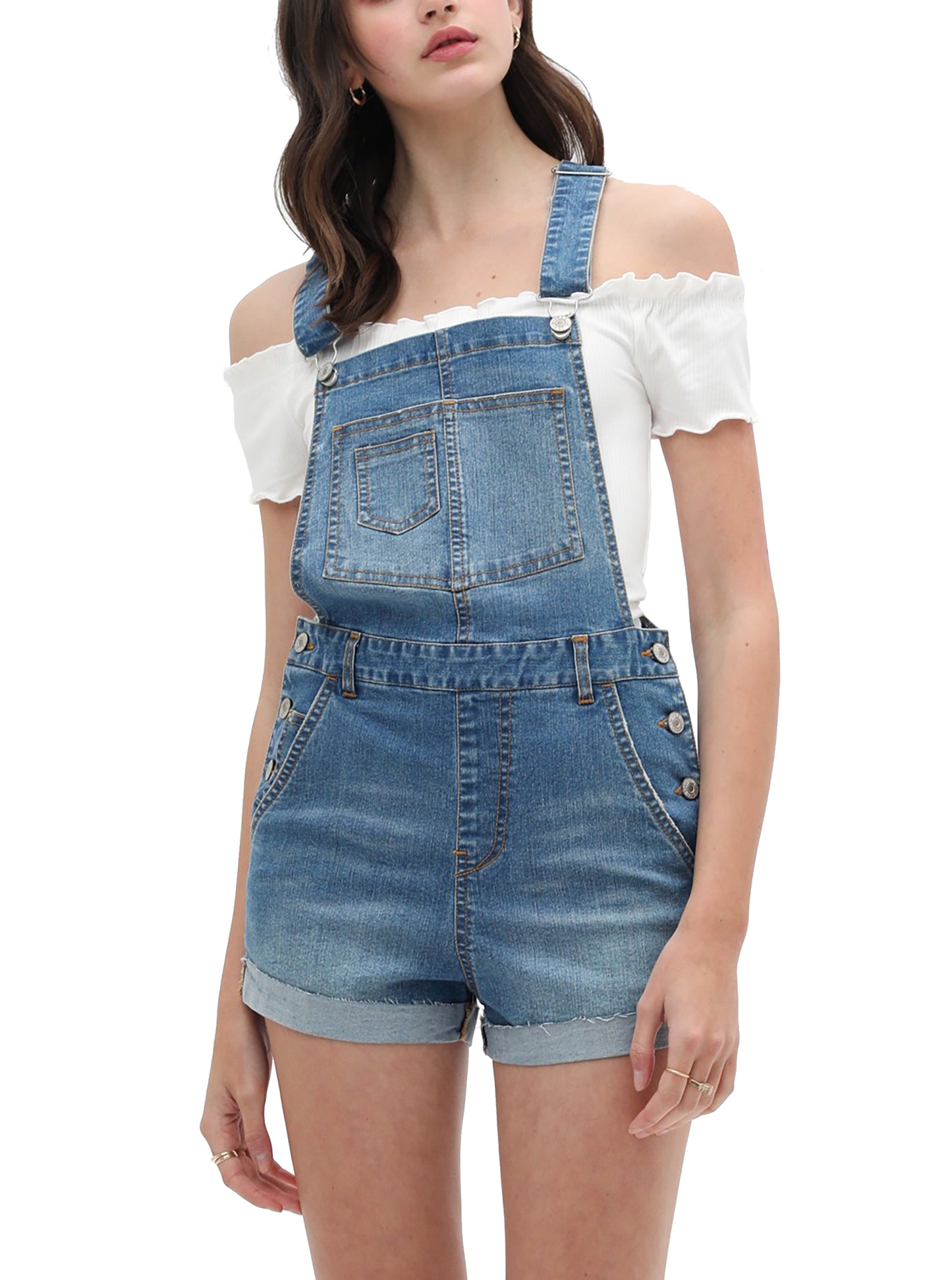 Women’s Summer Cute Denim Romper Overall Shorts –  Distressed Rolled Hem Bib Shortalls 3373RK