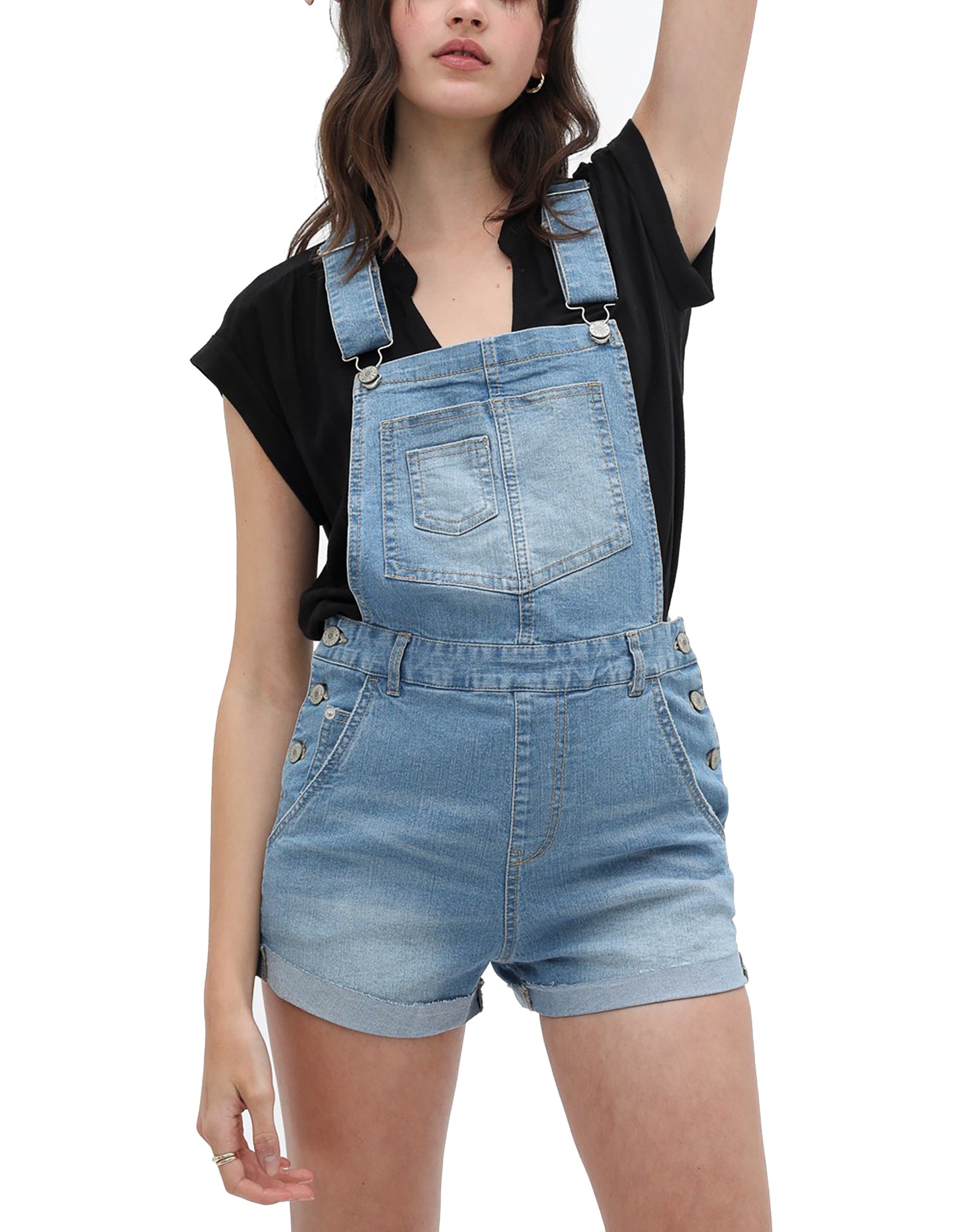 Women’s Summer Cute Denim Romper Overall Shorts –  Distressed Rolled Hem Bib Shortalls 3373RK