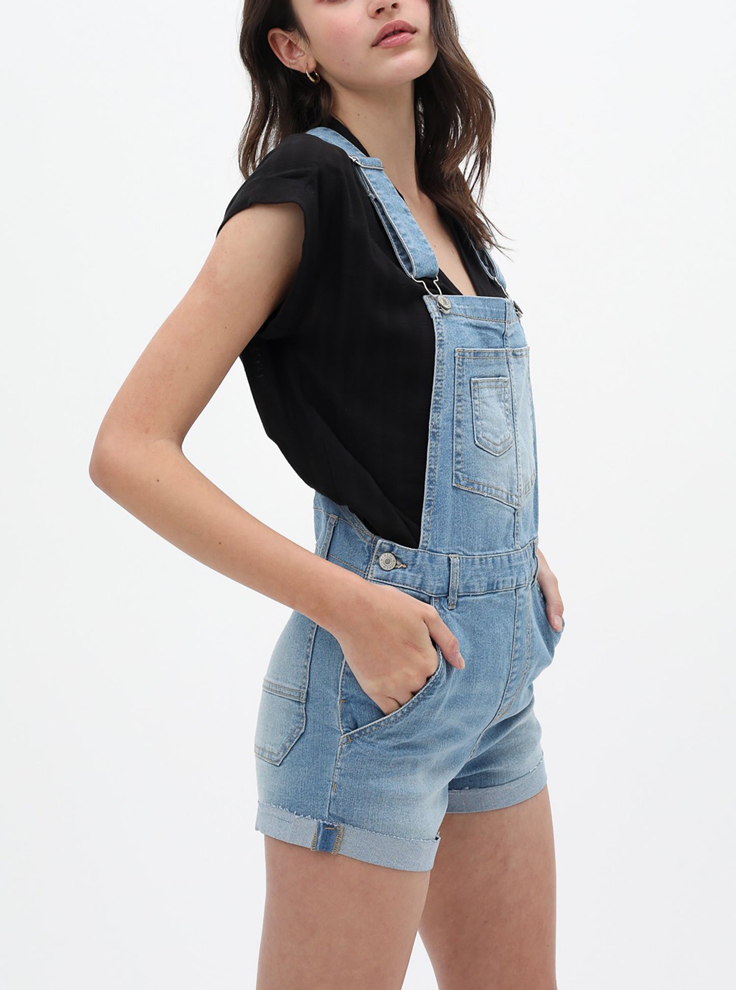 Women’s Summer Cute Denim Romper Overall Shorts –  Distressed Rolled Hem Bib Shortalls 3373RK