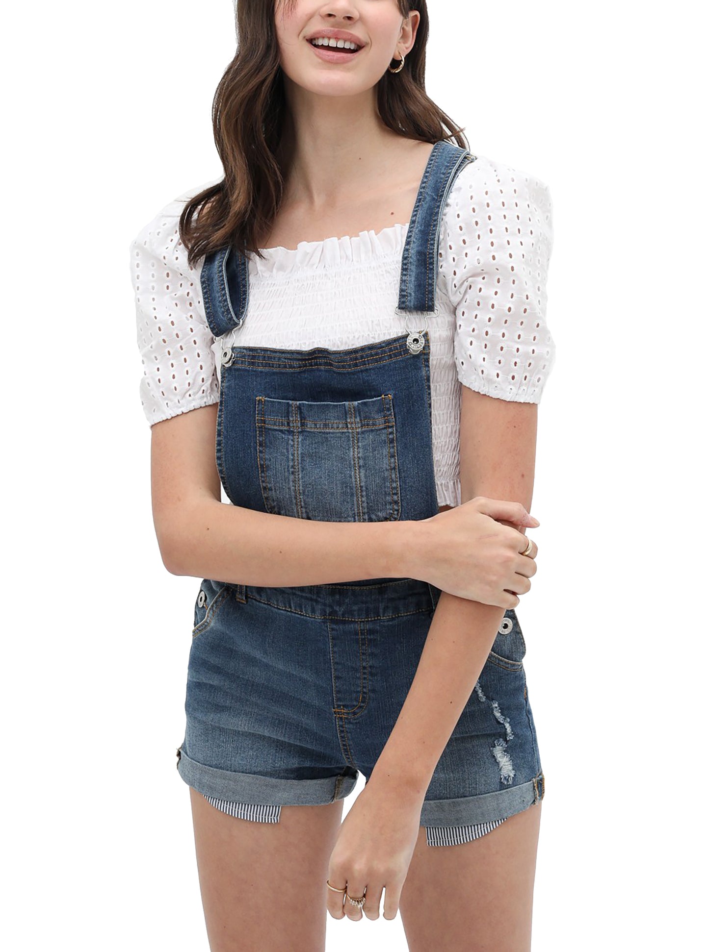 Women’s Summer Cute Denim Romper Overall Shorts – Cuffed Hem Ripped Bib Shortalls 3397RK