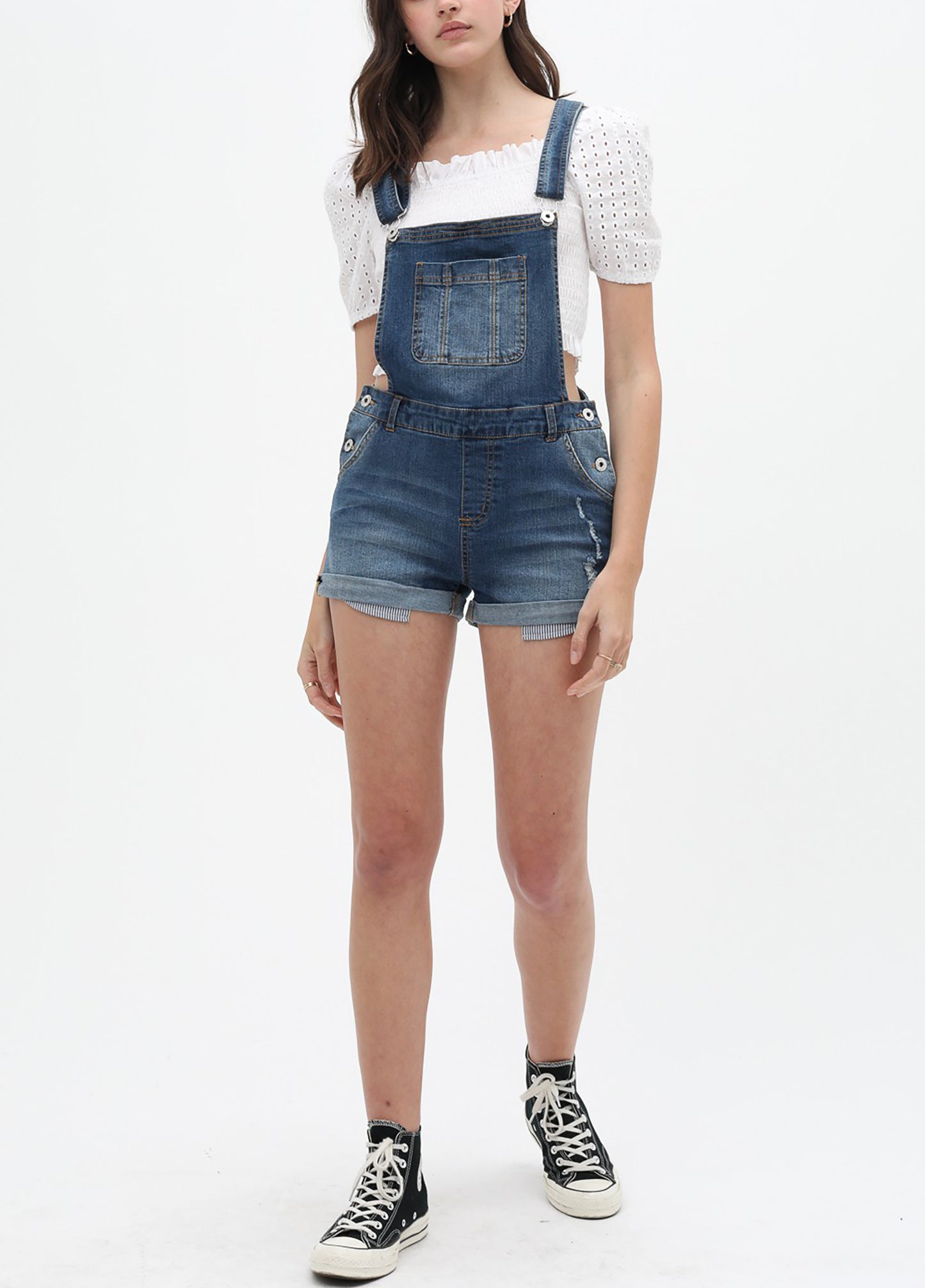 Women’s Summer Cute Denim Romper Overall Shorts – Cuffed Hem Ripped Bib Shortalls 3397RK