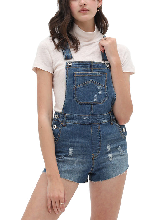 Women’s Summer Cute Denim Romper Overall Shorts – Distressed Raw Edge Hem Bib Shortalls 3408RK