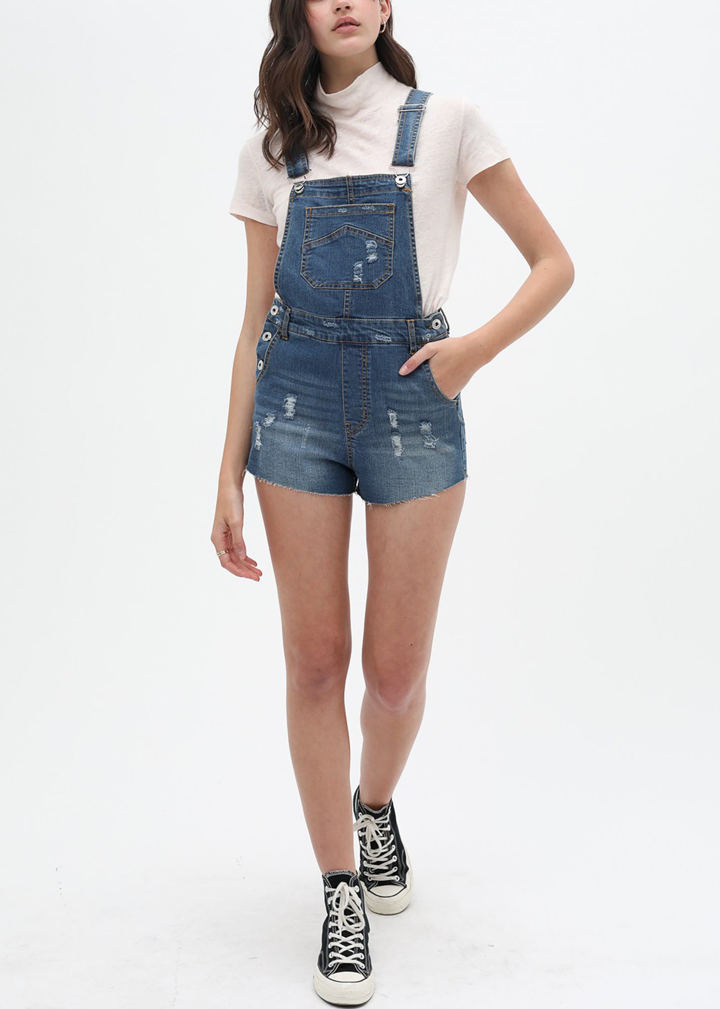 Women’s Summer Cute Denim Romper Overall Shorts – Distressed Raw Edge Hem Bib Shortalls 3408RK