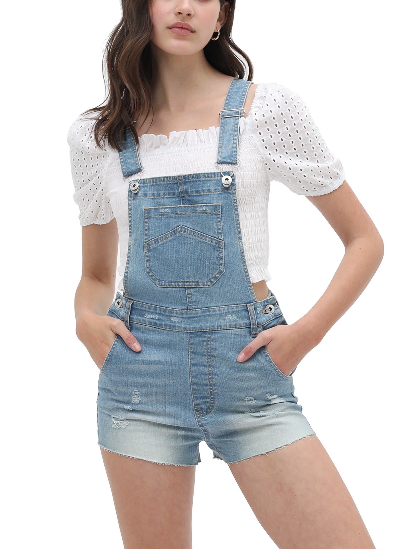 Women’s Summer Cute Denim Romper Overall Shorts – Distressed Raw Edge Hem Bib Shortalls 3408RK