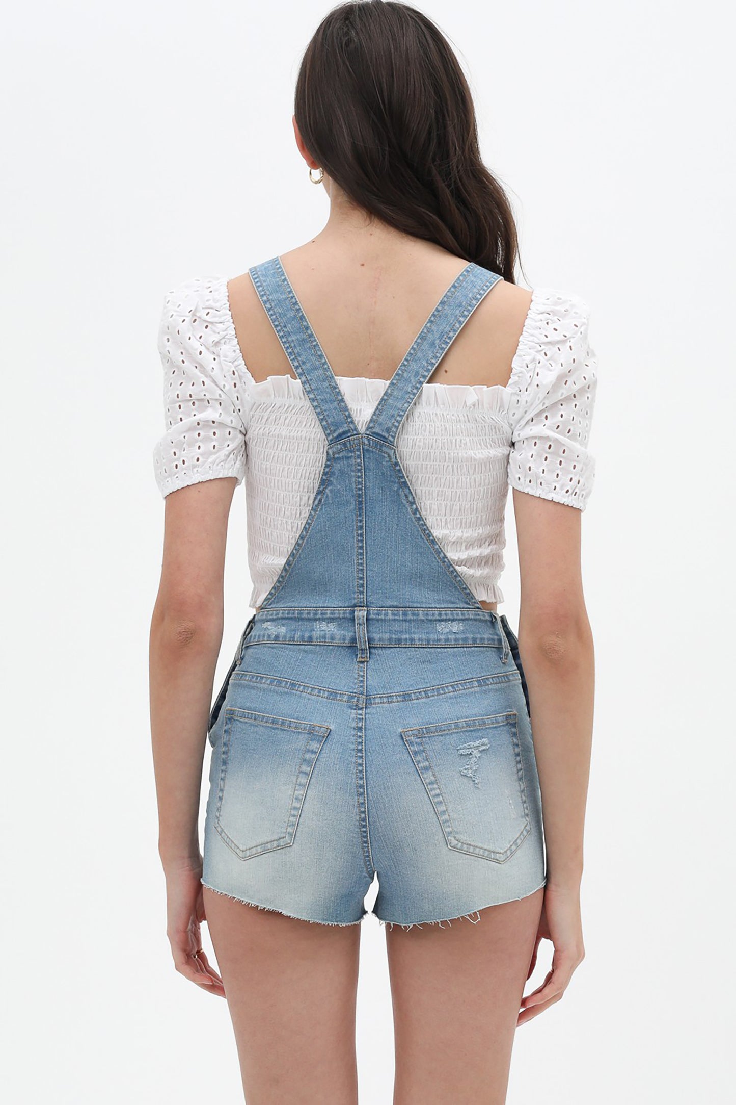 Women’s Summer Cute Denim Romper Overall Shorts – Distressed Raw Edge Hem Bib Shortalls 3408RK