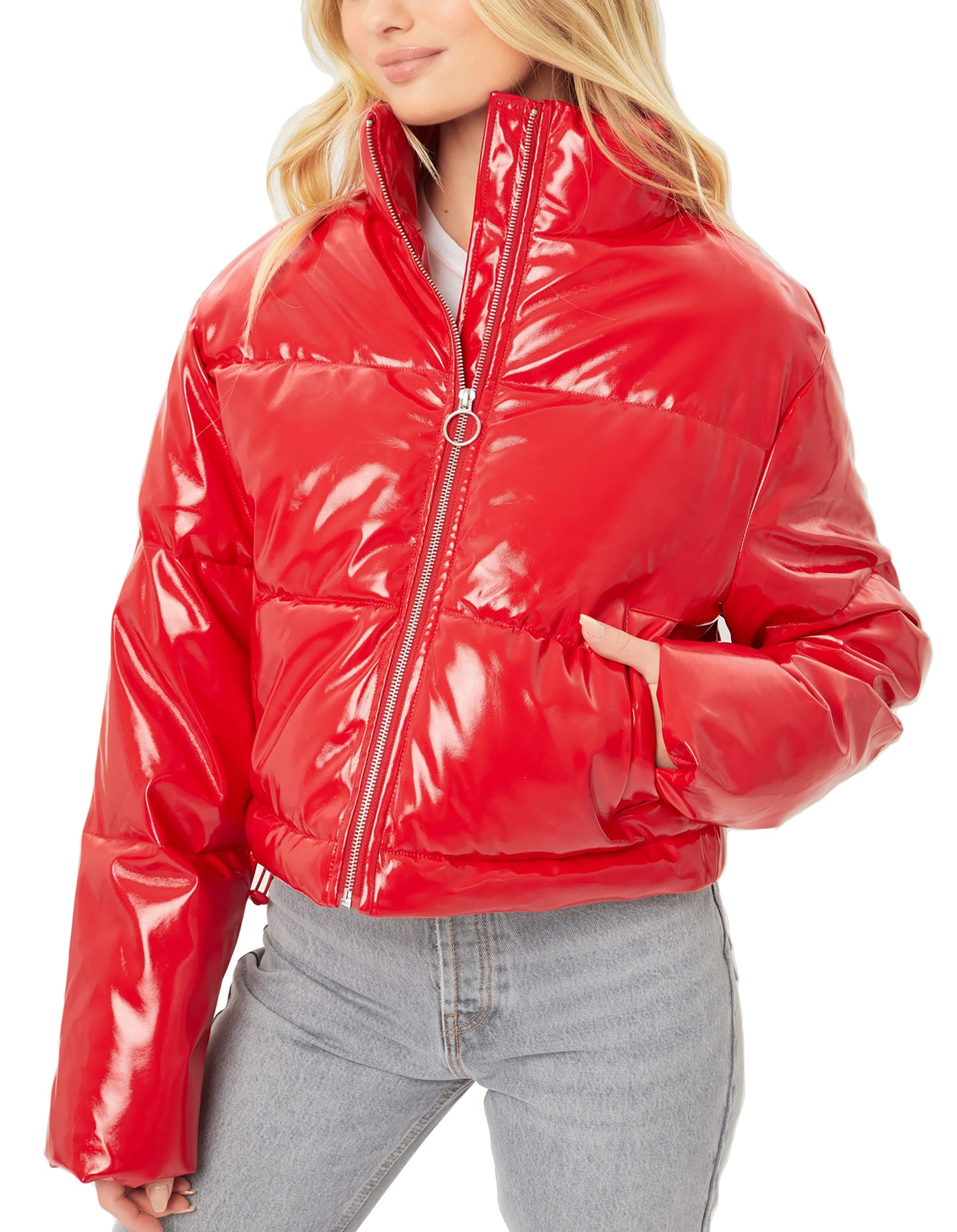 Women’s Shiny Leather High Neck Puffer Quilted Zipper Jacket LT8075JY