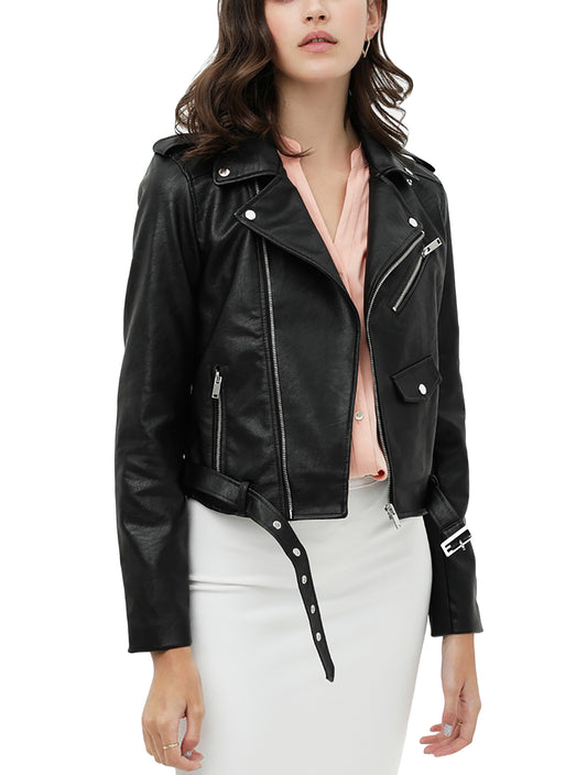 Women’s Faux Leather Moto Jacket - Classic Rider Zip up Belted Cropped Short Bicker Coat Lt8654jh