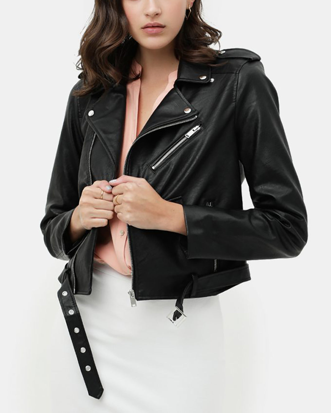 Women’s Faux Leather Moto Jacket - Classic Rider Zip up Belted Cropped Short Bicker Coat Lt8654jh