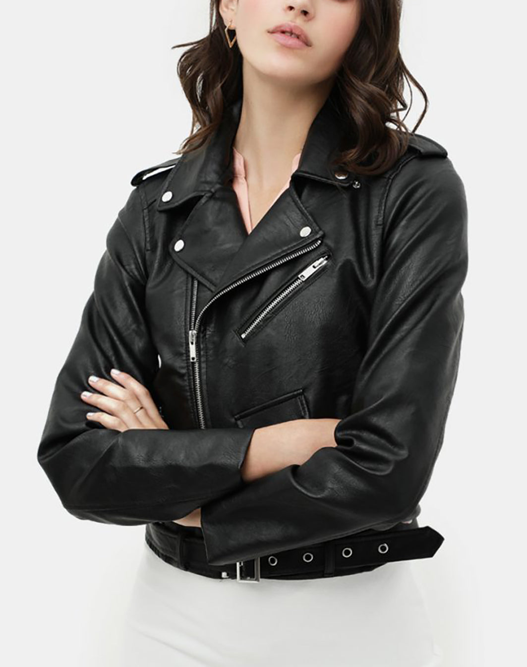 Women’s Faux Leather Moto Jacket - Classic Rider Zip up Belted Cropped Short Bicker Coat Lt8654jh