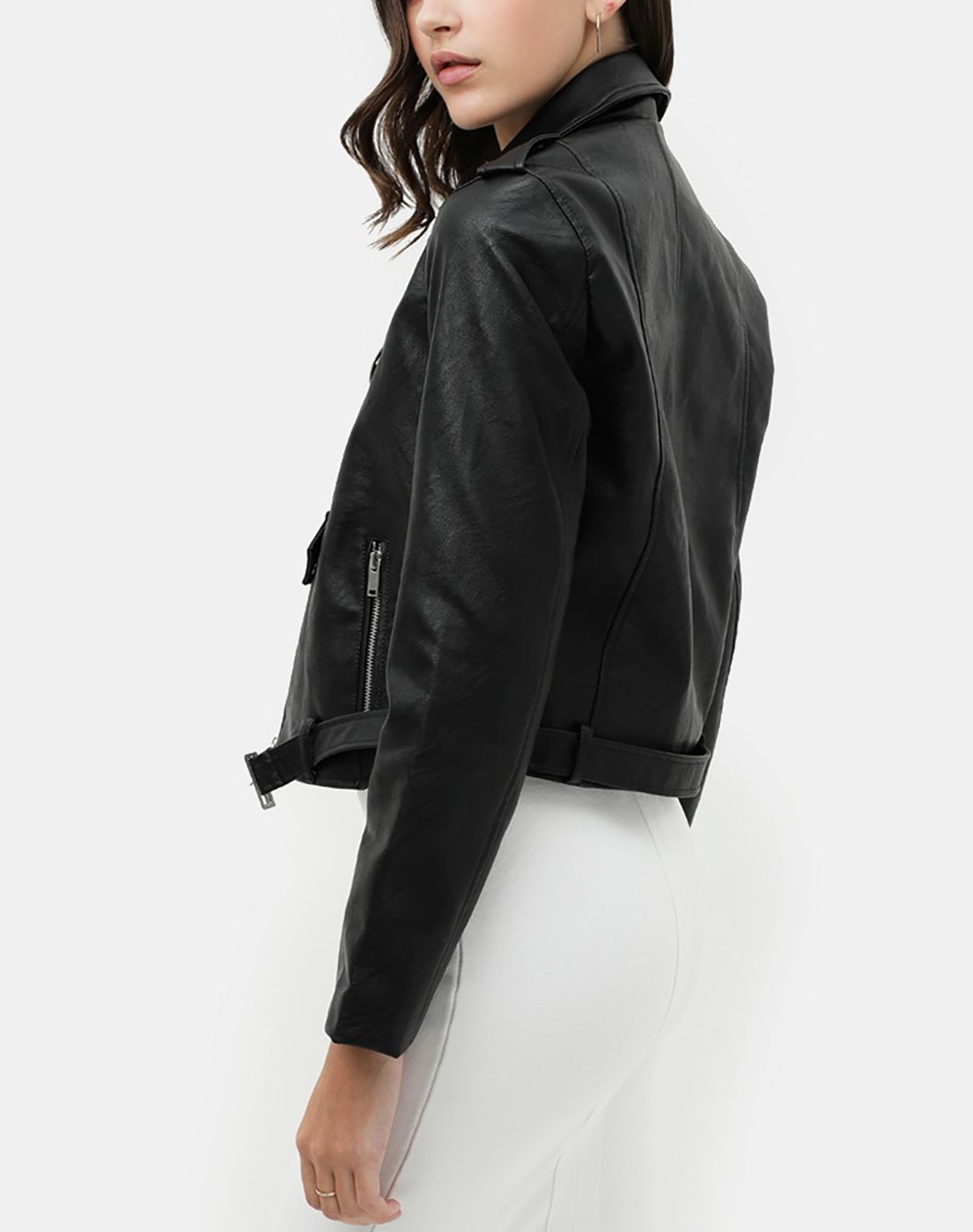 Women’s Faux Leather Moto Jacket - Classic Rider Zip up Belted Cropped Short Bicker Coat Lt8654jh