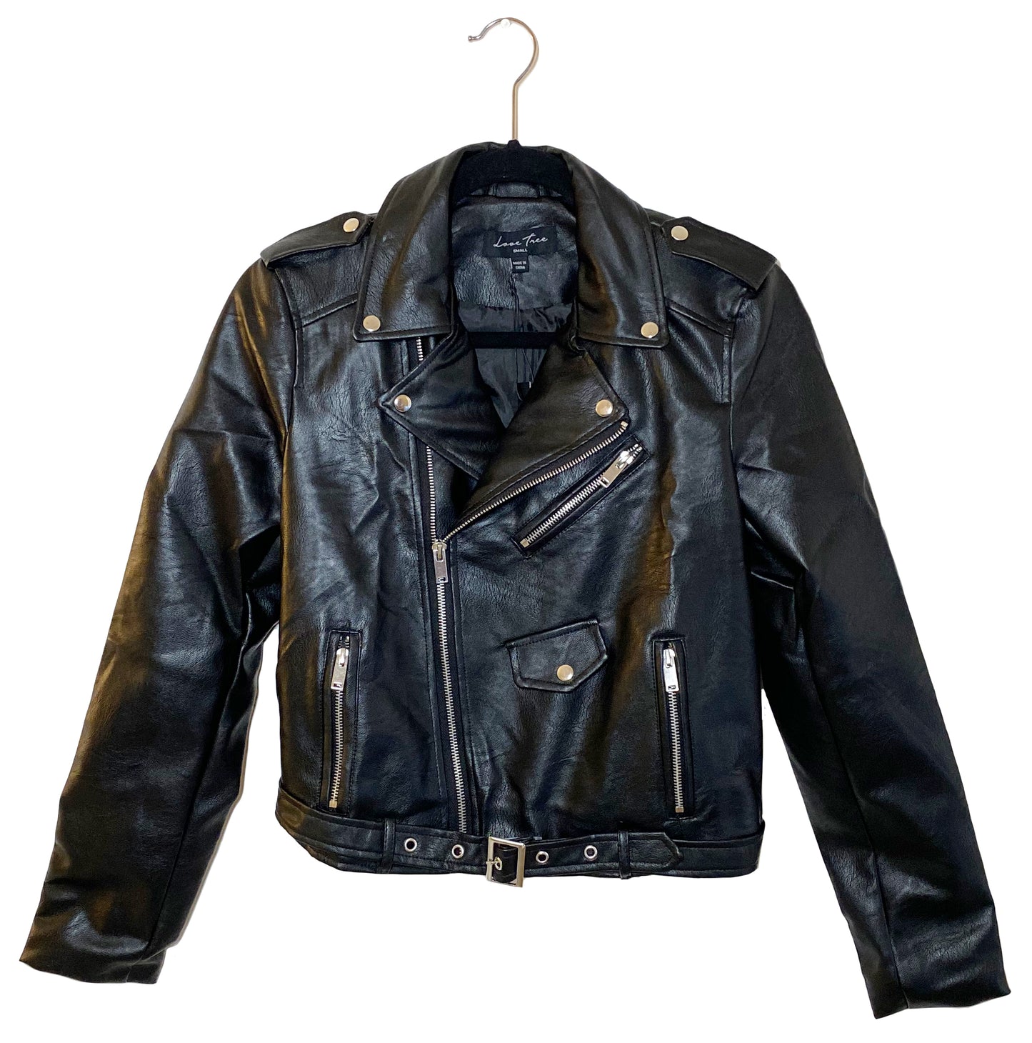 Women’s Faux Leather Moto Jacket - Classic Rider Zip up Belted Cropped Short Bicker Coat Lt8654jh