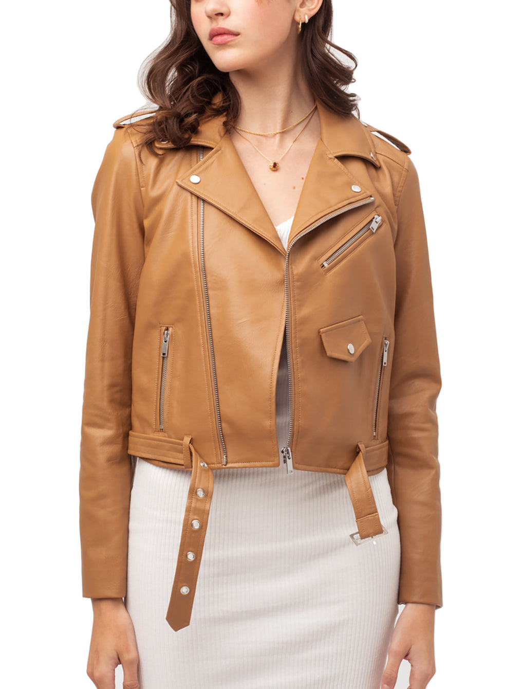 Women’s Faux Leather Moto Jacket - Classic Rider Zip up Belted Cropped Short Bicker Coat Lt8654jh