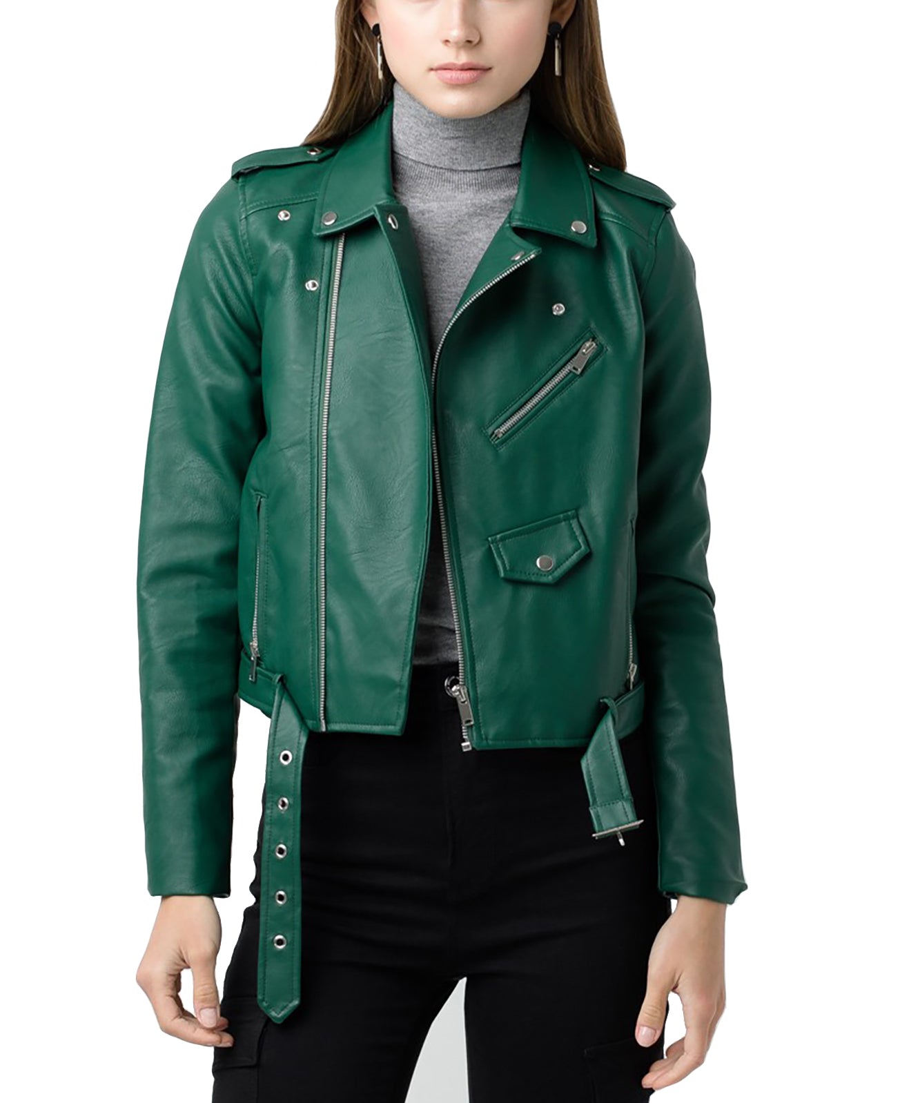 Women’s Faux Leather Moto Jacket - Classic Rider Zip up Belted Cropped Short Bicker Coat Lt8654jh