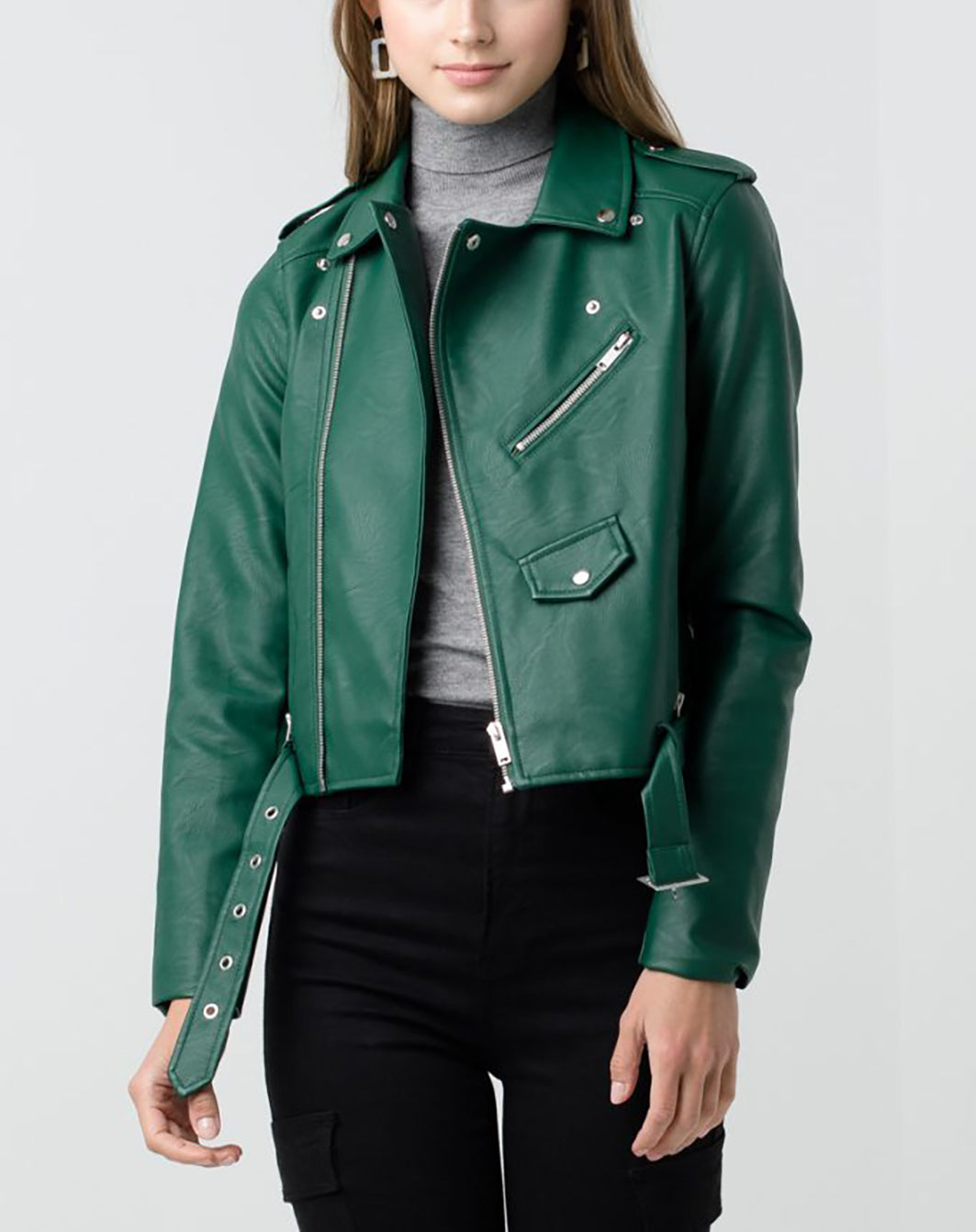 Women’s Faux Leather Moto Jacket - Classic Rider Zip up Belted Cropped Short Bicker Coat Lt8654jh