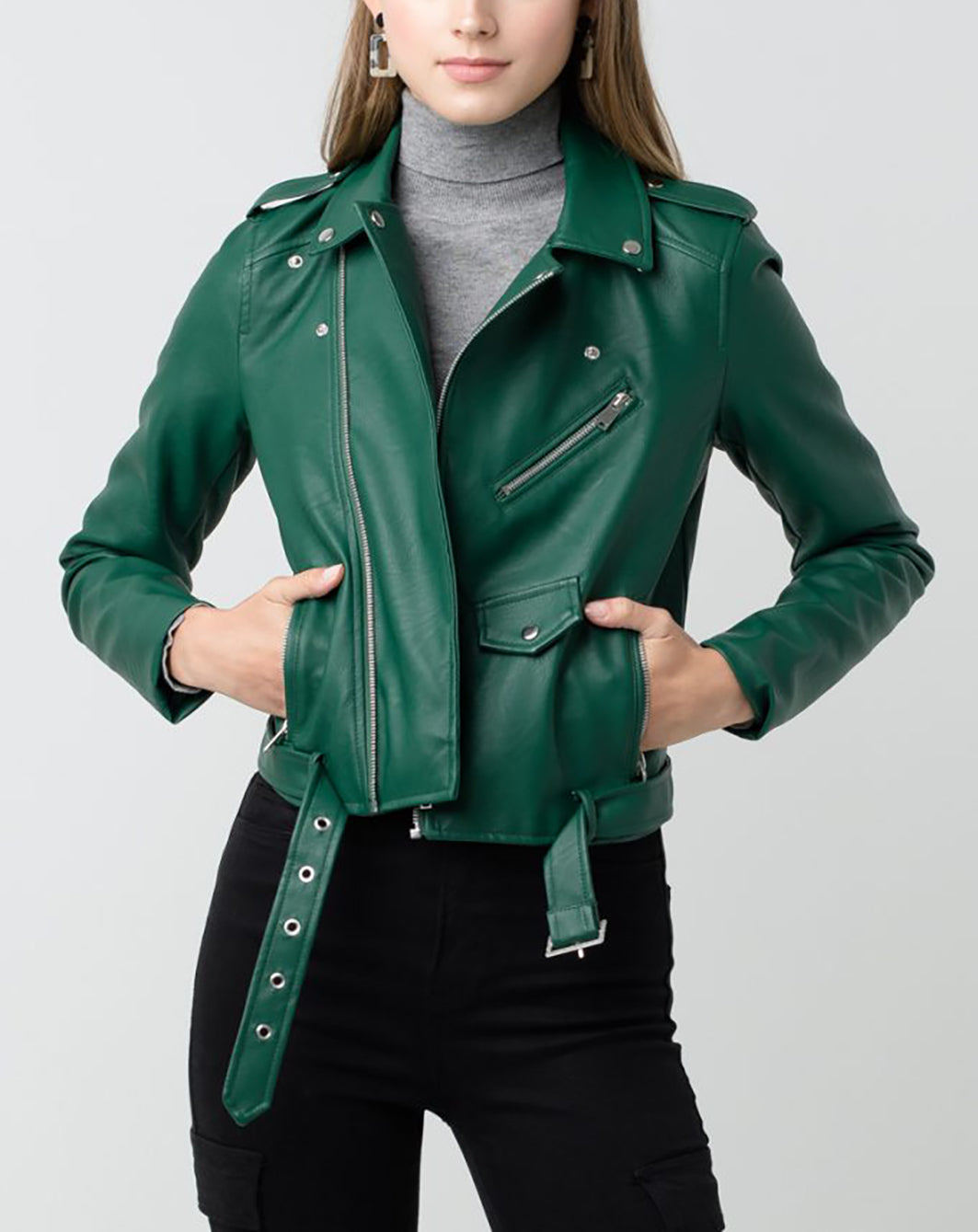 Women’s Faux Leather Moto Jacket - Classic Rider Zip up Belted Cropped Short Bicker Coat Lt8654jh