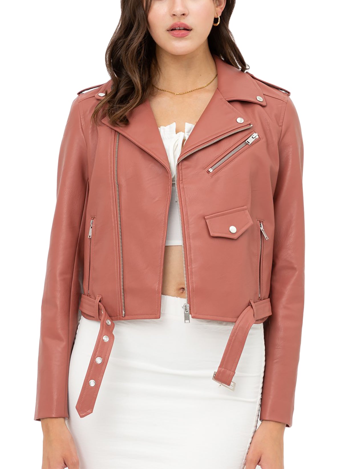 Women’s Faux Leather Moto Jacket - Classic Rider Zip up Belted Cropped Short Bicker Coat Lt8654jh