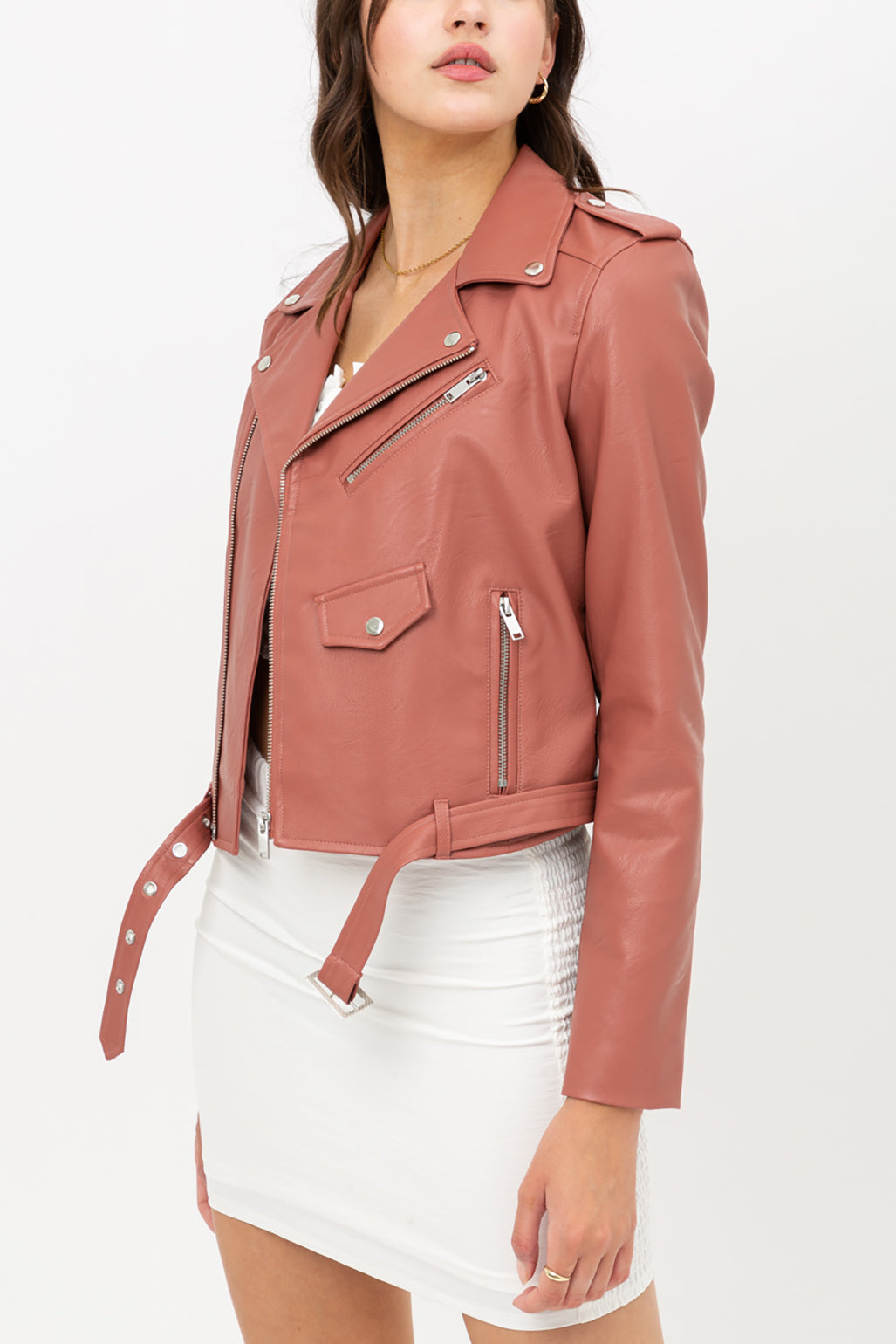 Women’s Faux Leather Moto Jacket - Classic Rider Zip up Belted Cropped Short Bicker Coat Lt8654jh