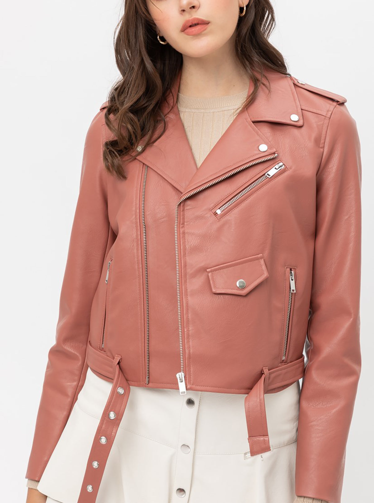 Women’s Faux Leather Moto Jacket - Classic Rider Zip up Belted Cropped Short Bicker Coat Lt8654jh