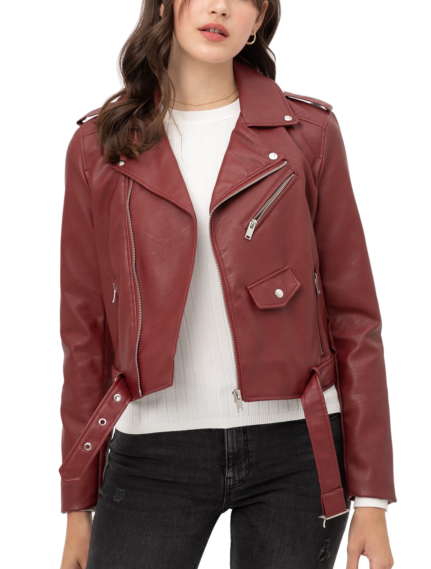 Women’s Faux Leather Moto Jacket - Classic Rider Zip up Belted Cropped Short Bicker Coat Lt8654jh